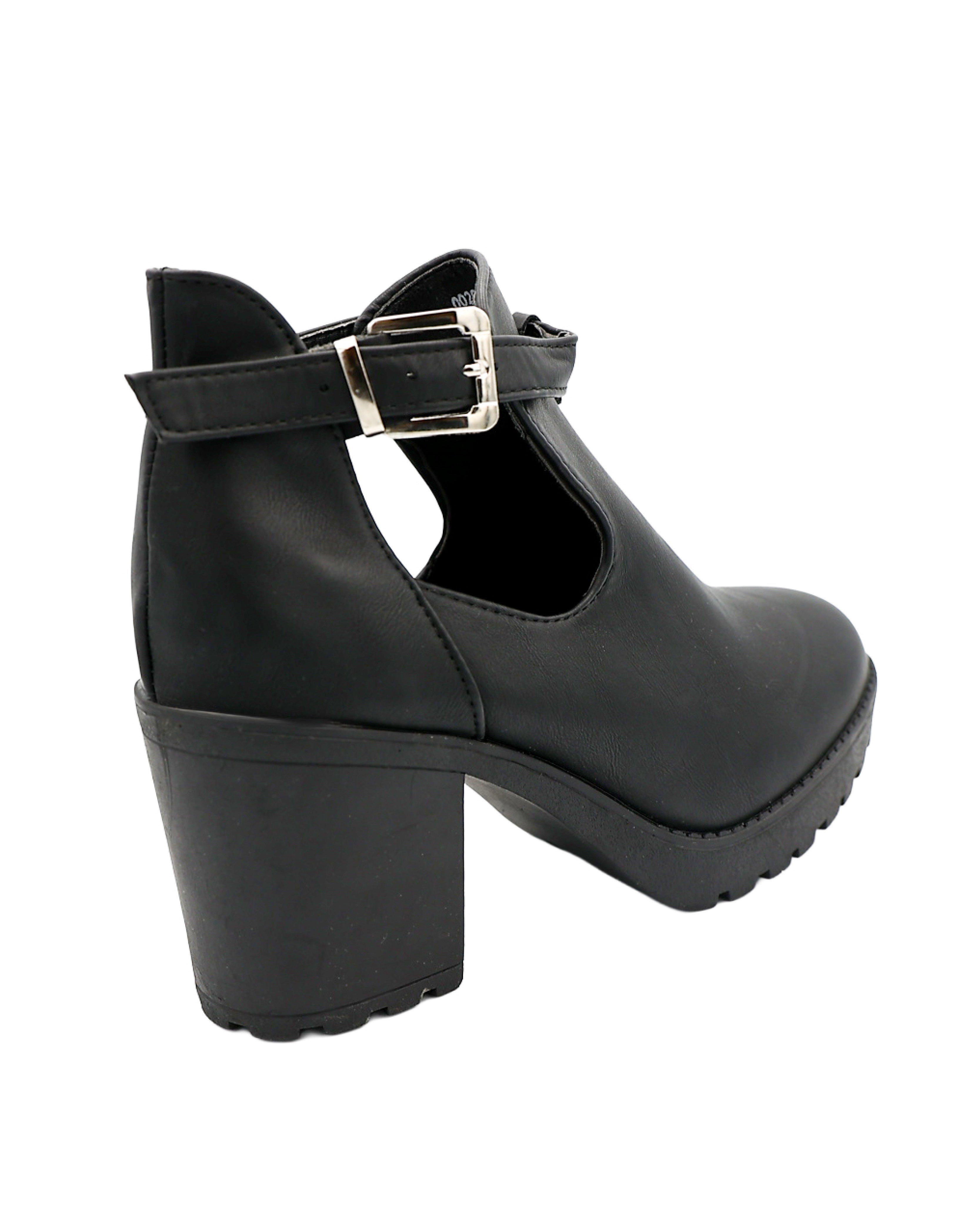 Black Ankle Buckle Cut Out Block Heel Boot