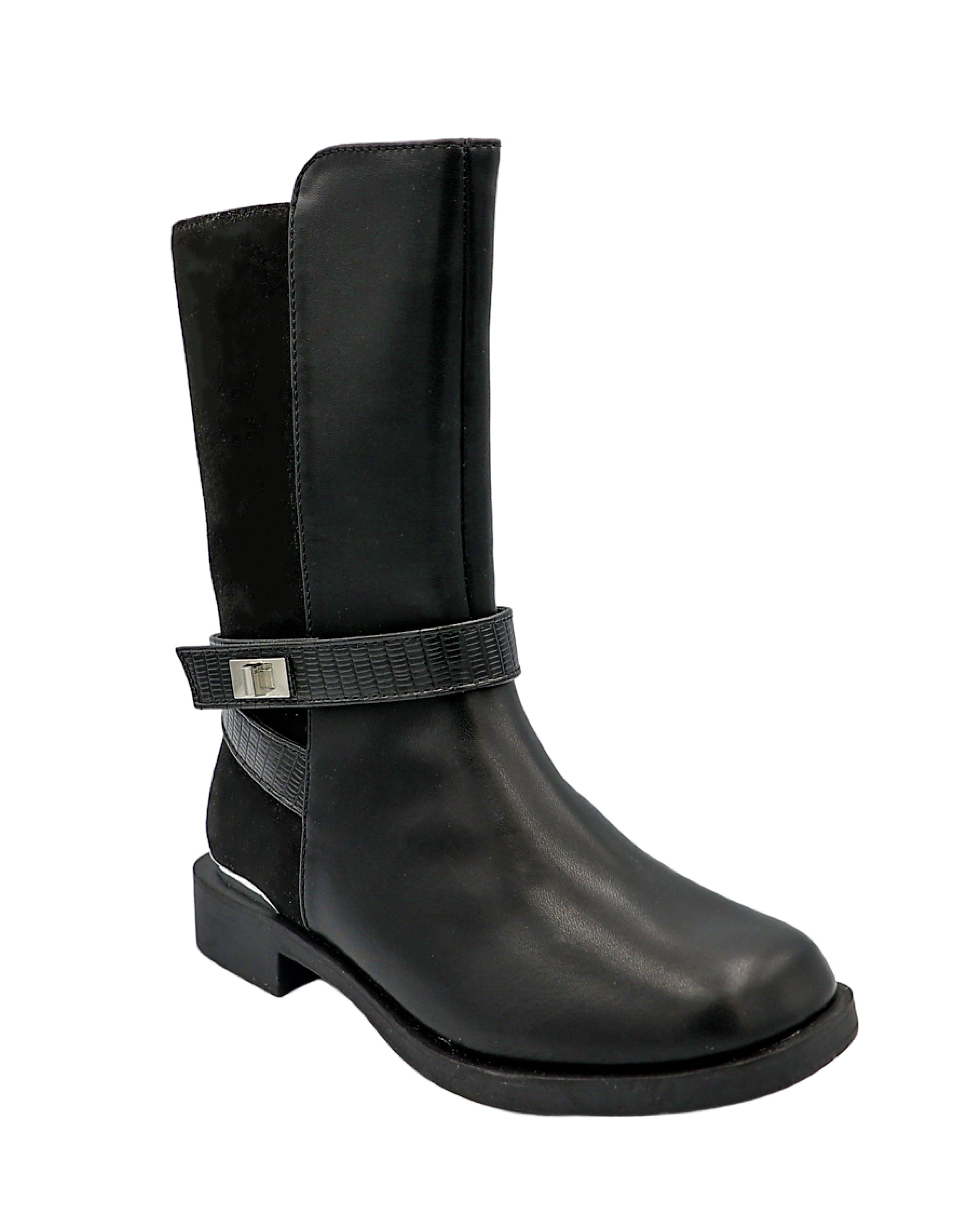 Girls Black Wrap Strap Mid Calf Boots