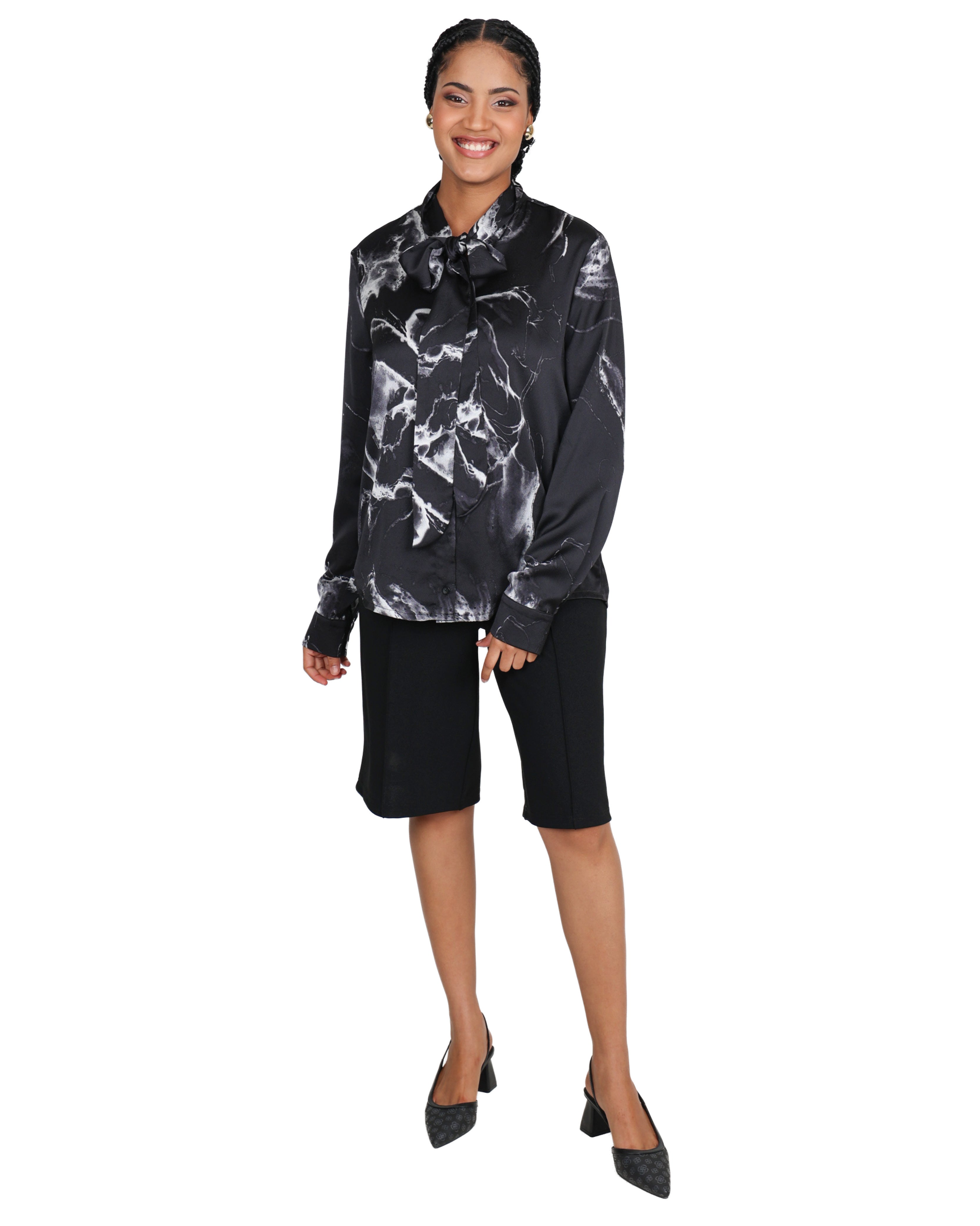 Abstract Monochrome Print Long Sleeve Kitty Bow Blouse