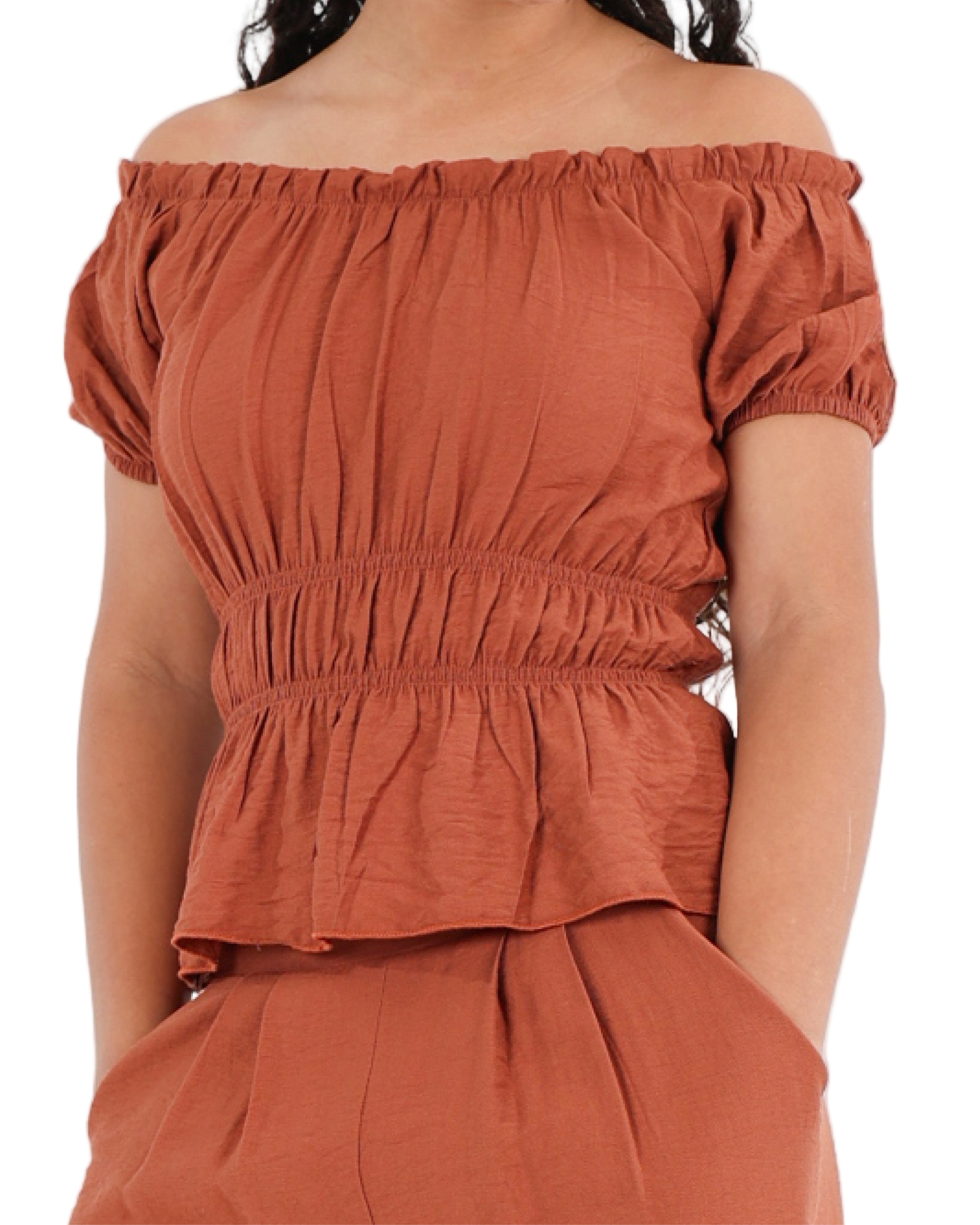 Short Puff Sleeve Ruched Bodice Blouse