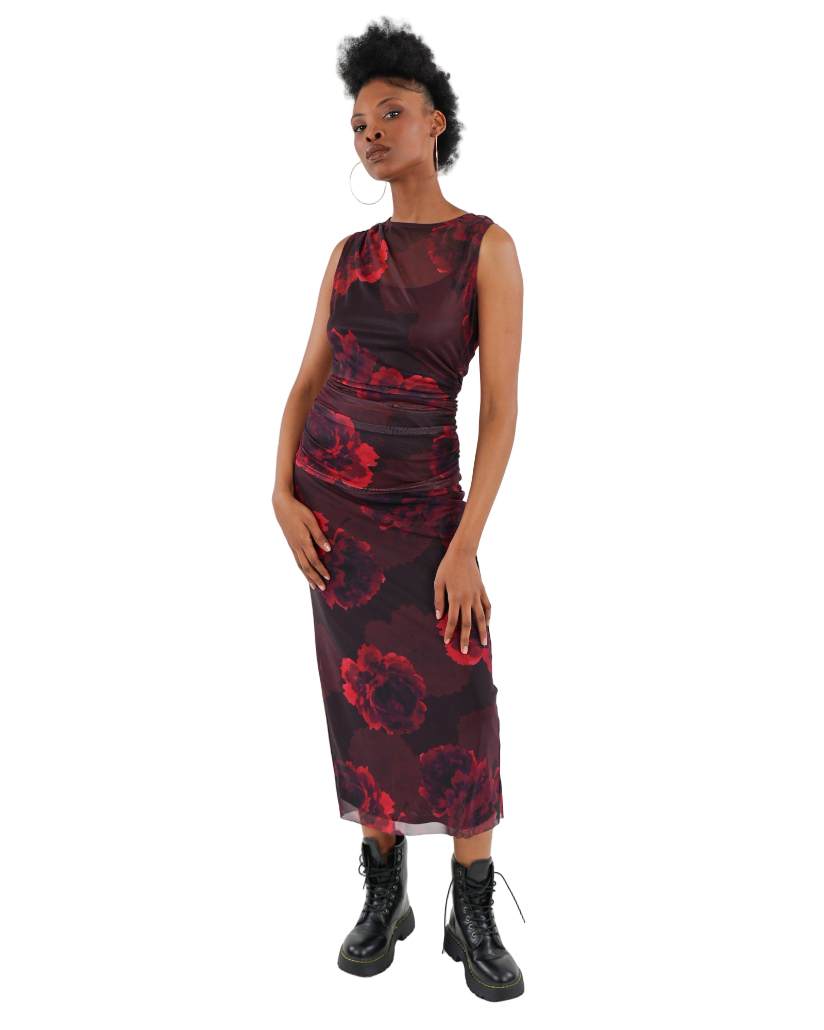 Sleeveless Side Ruched Mesh Floral Top