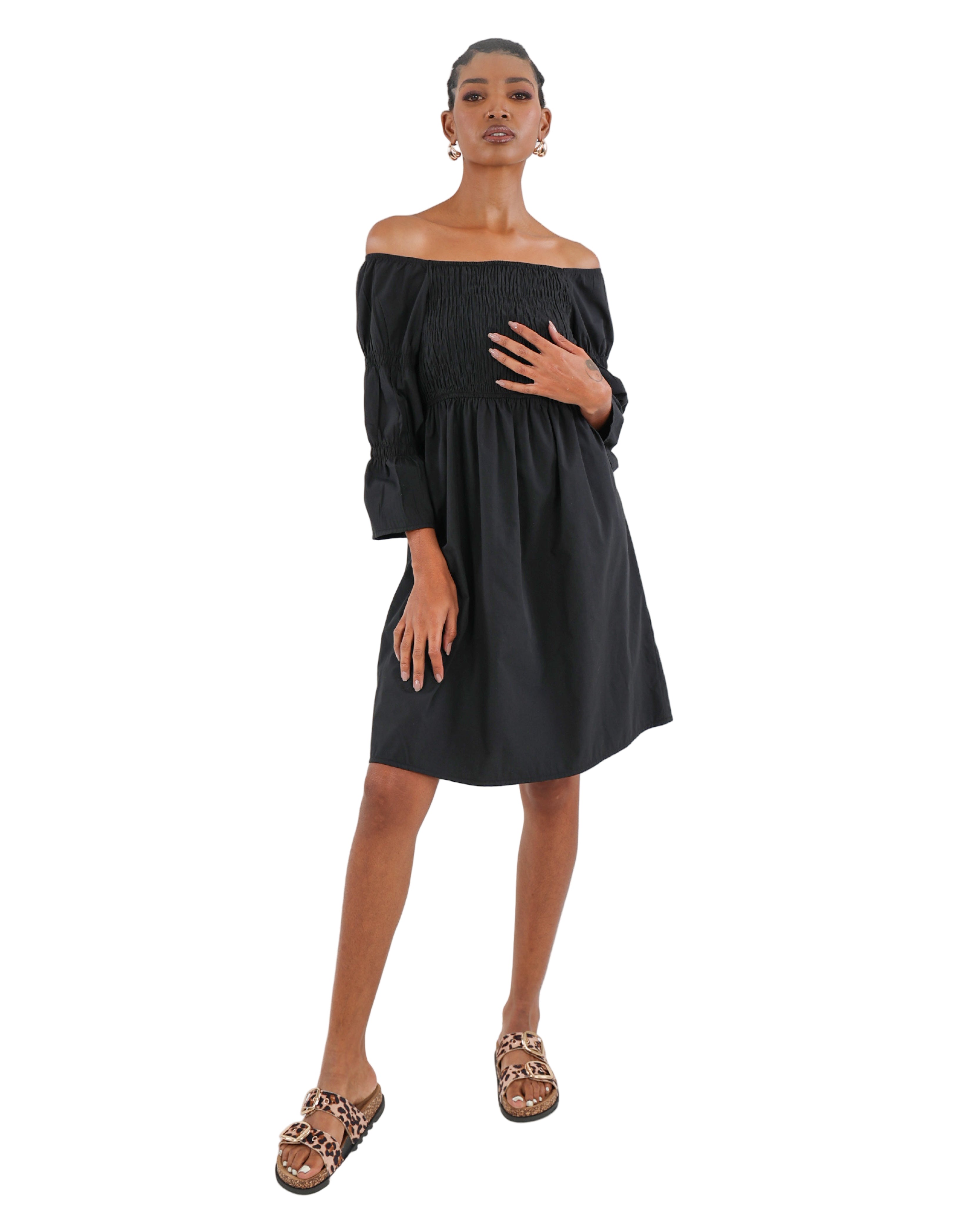 Shirred Bodice Off-The-Shoulder Mini Dress