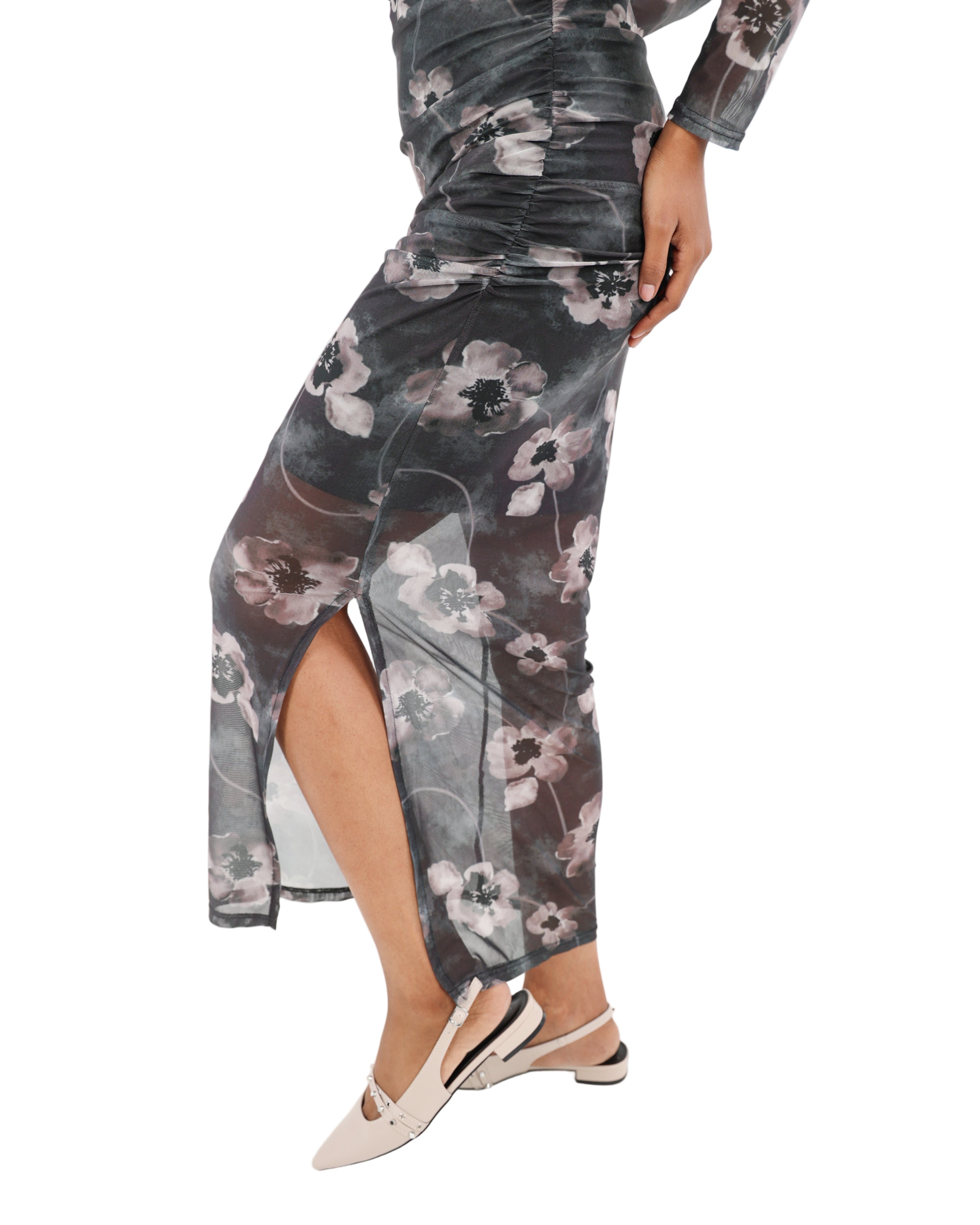 Long Sleeve Floral Mesh Maxi Bodycon Dress