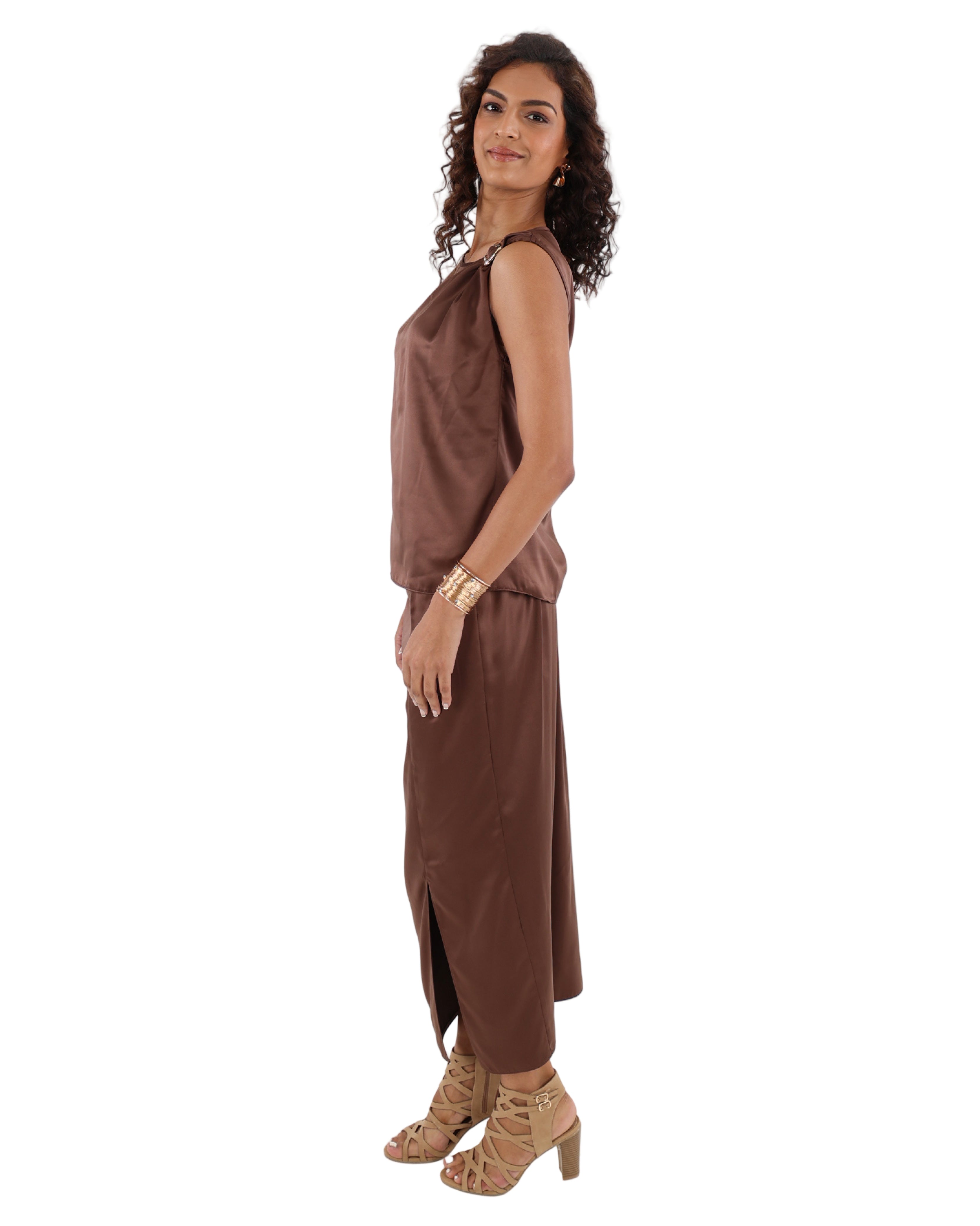Chocolate Satin Midi Skirt with Trim Detail