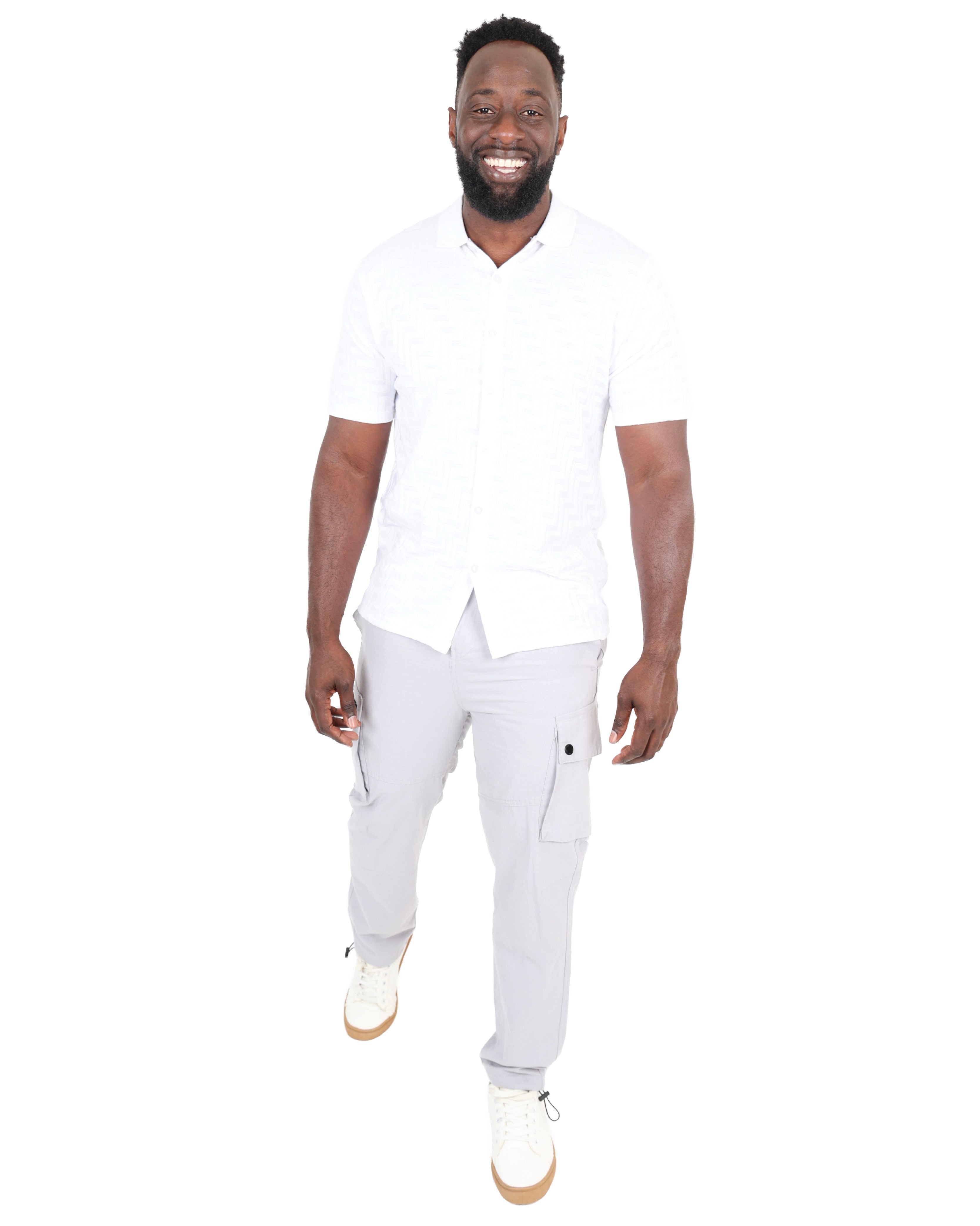 Short Sleeve White Button Through Jacquard Golfer