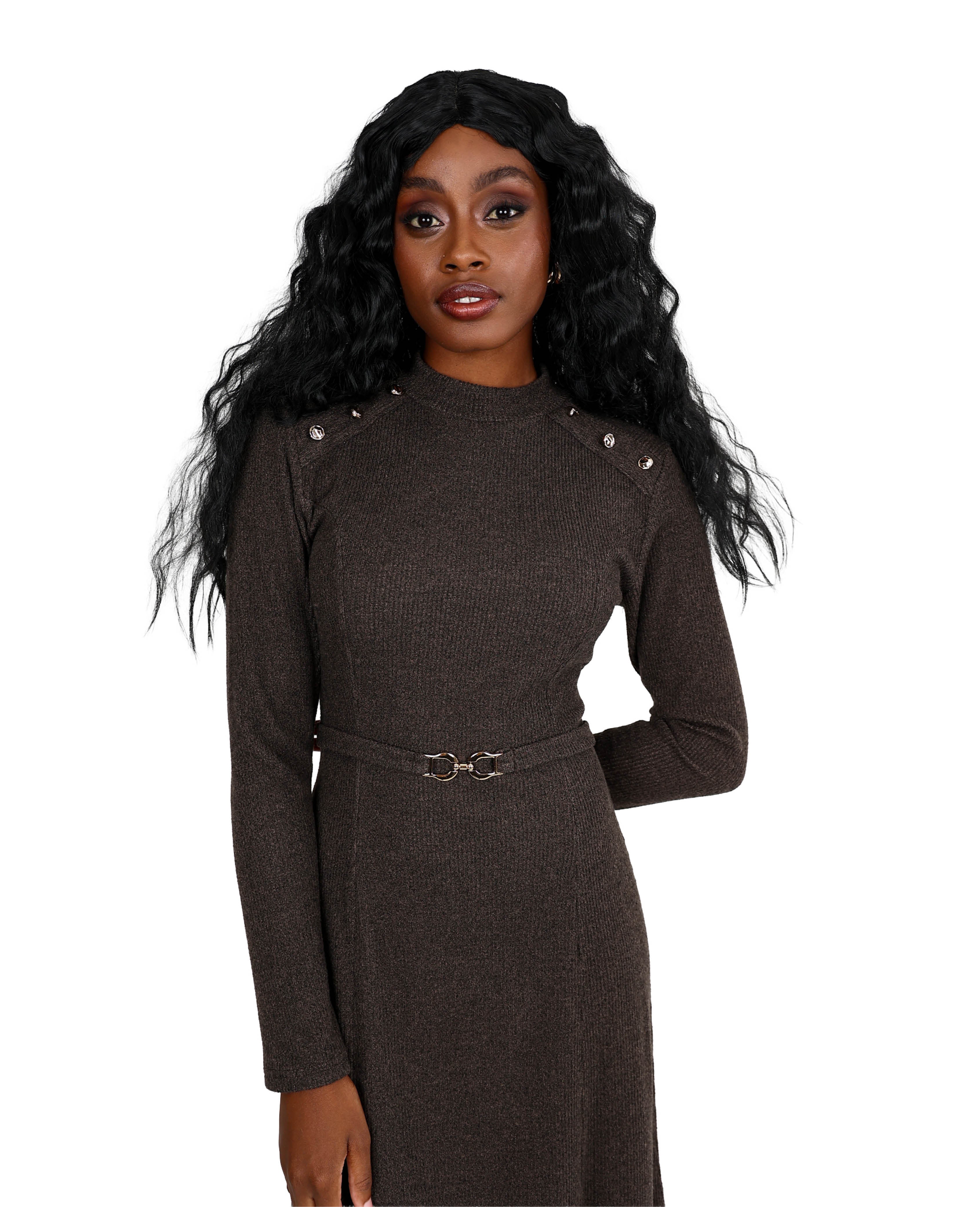 Chocolate Long Sleeve Knit Trim Dress