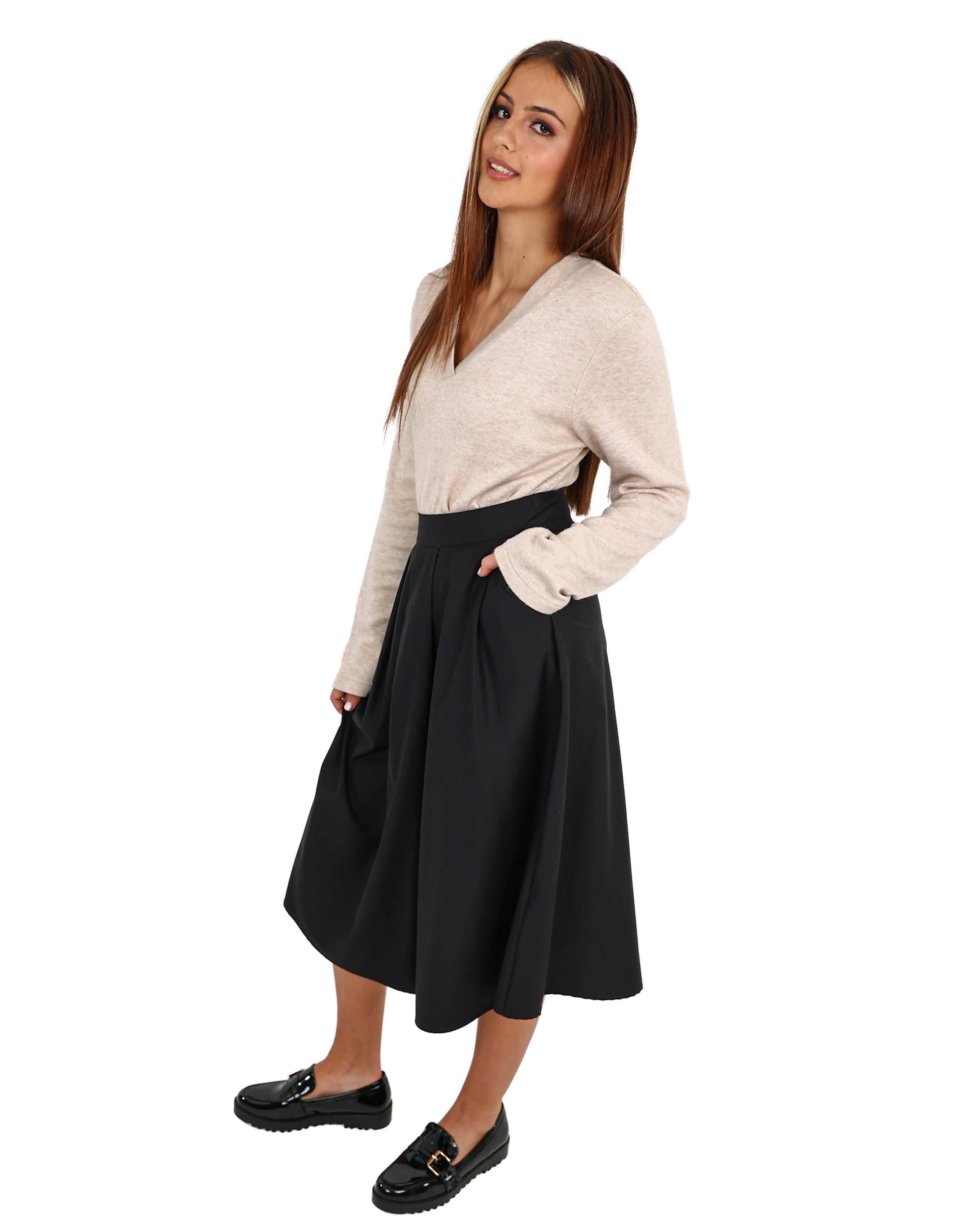 Black Flat Pleat Midi Skirt