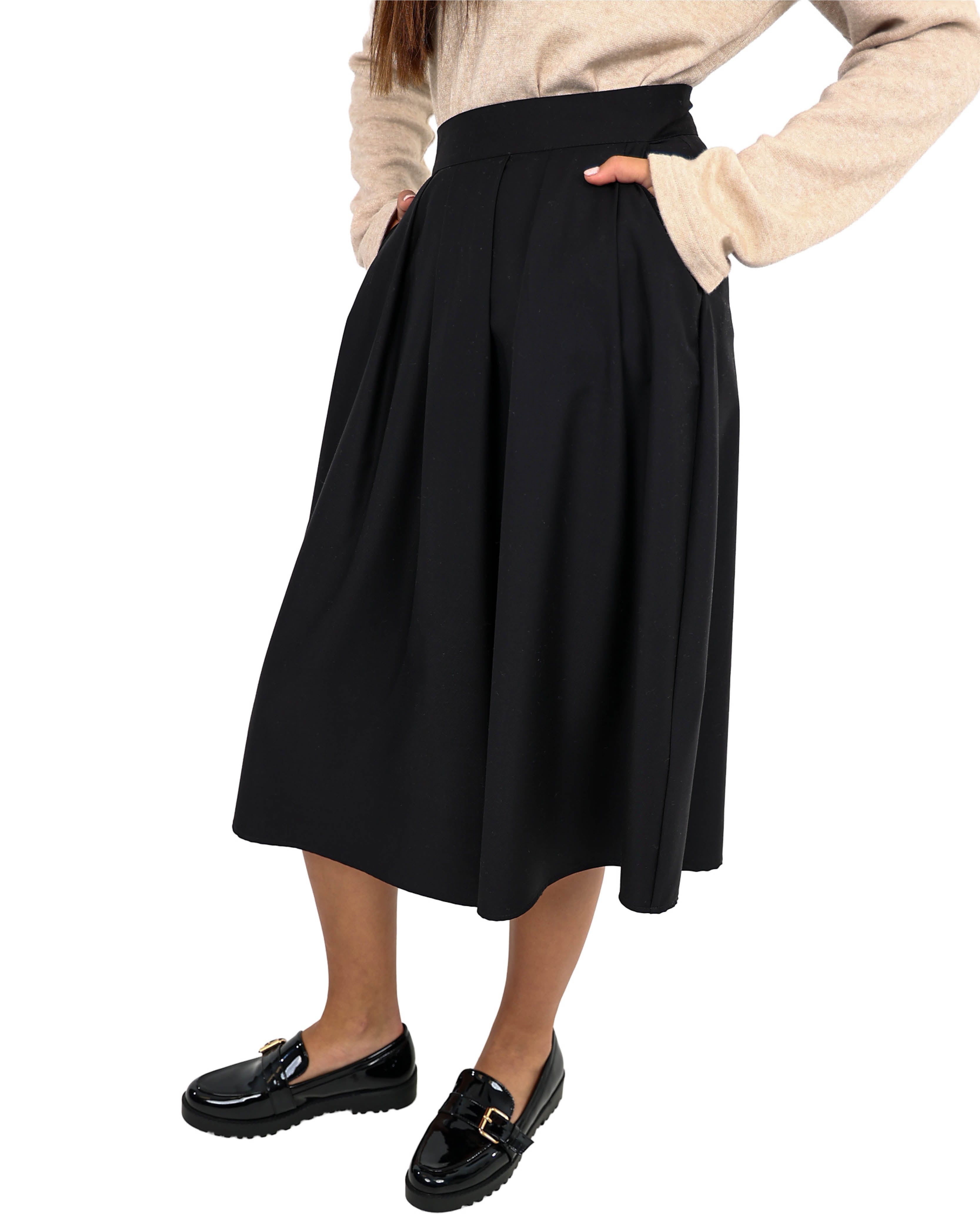 Black Flat Pleat Midi Skirt