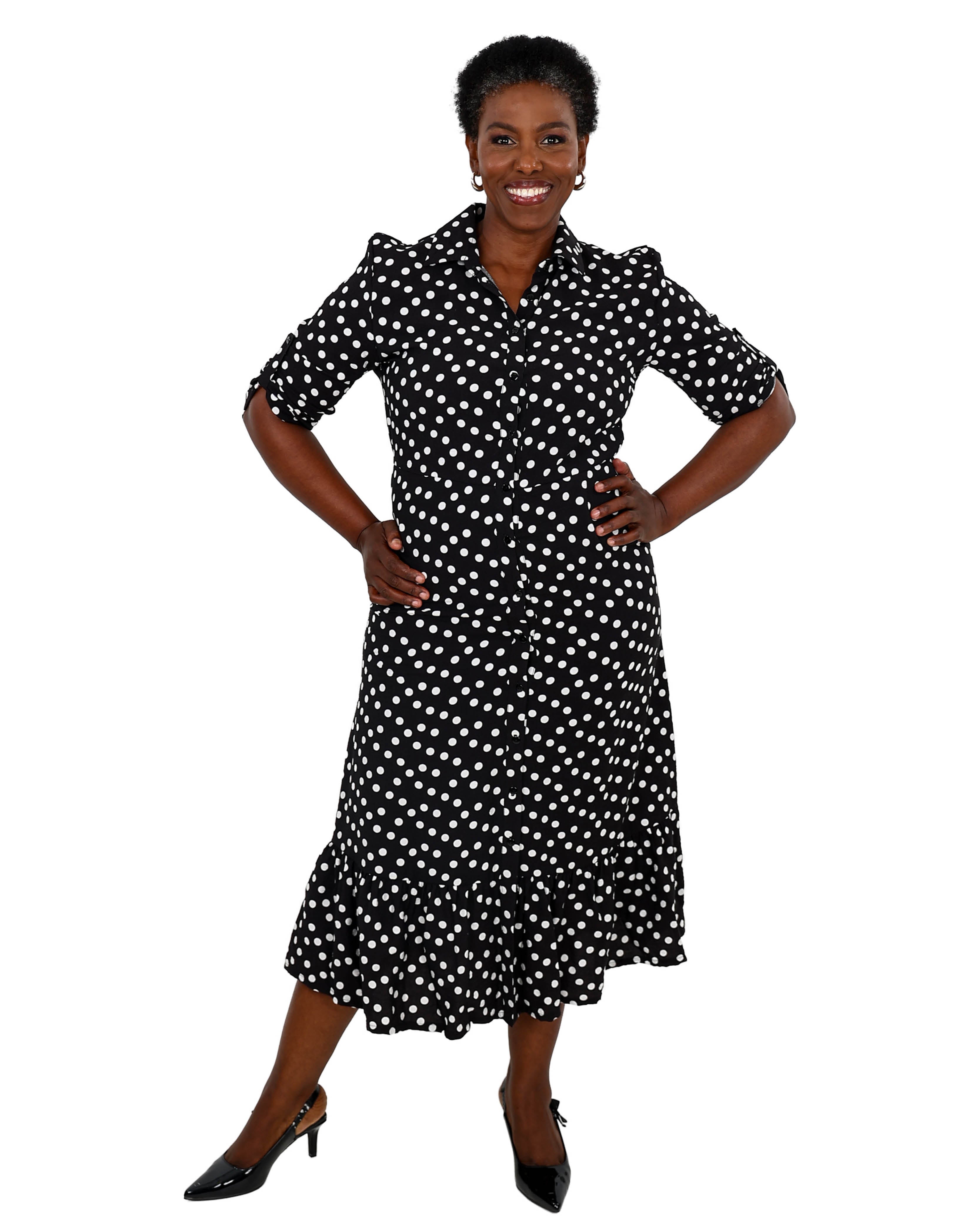 Short Sleeve Button Through Polka Dot Midi Dress