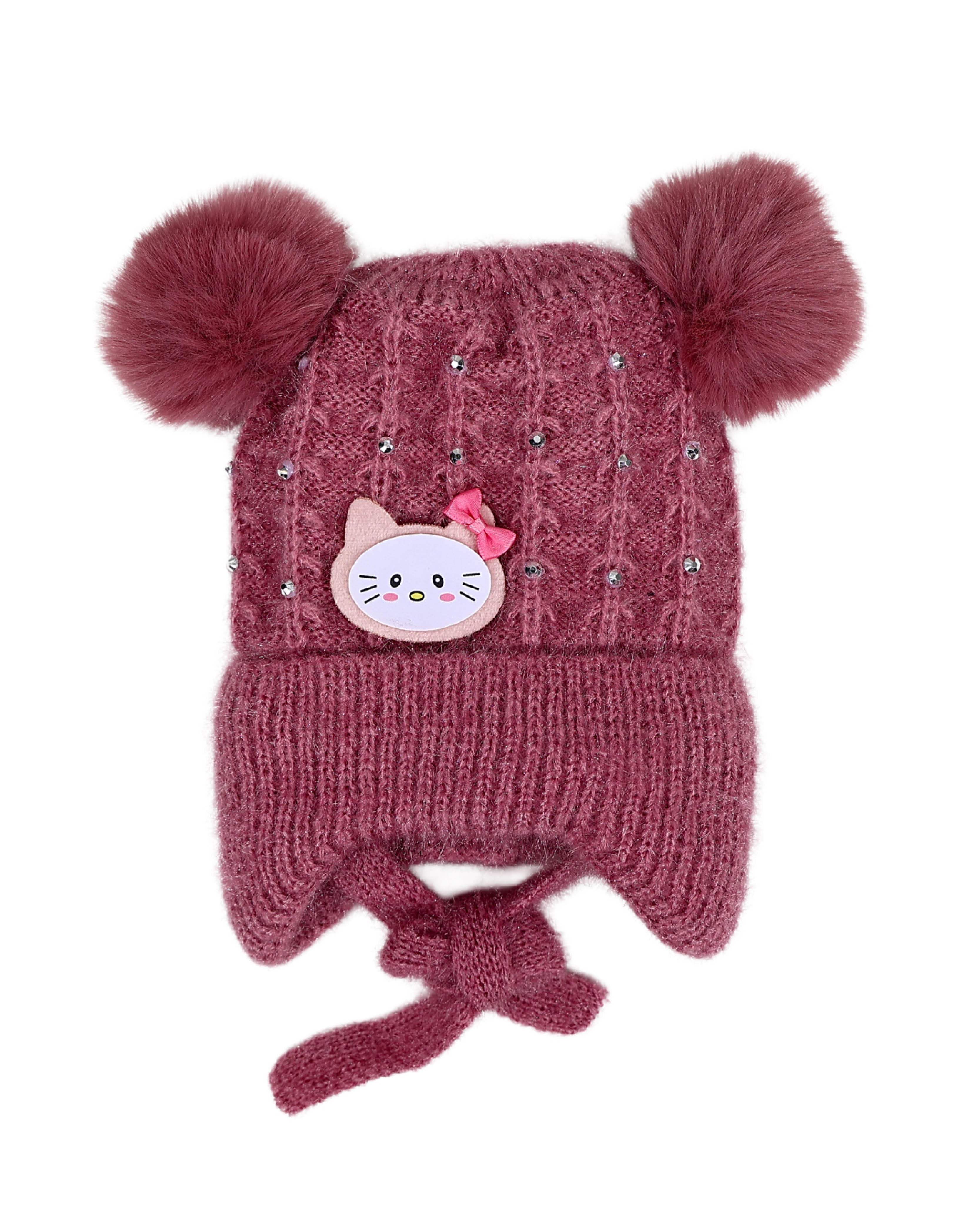 Pearl Embellished Double Pompom Pink Kitten Beanie