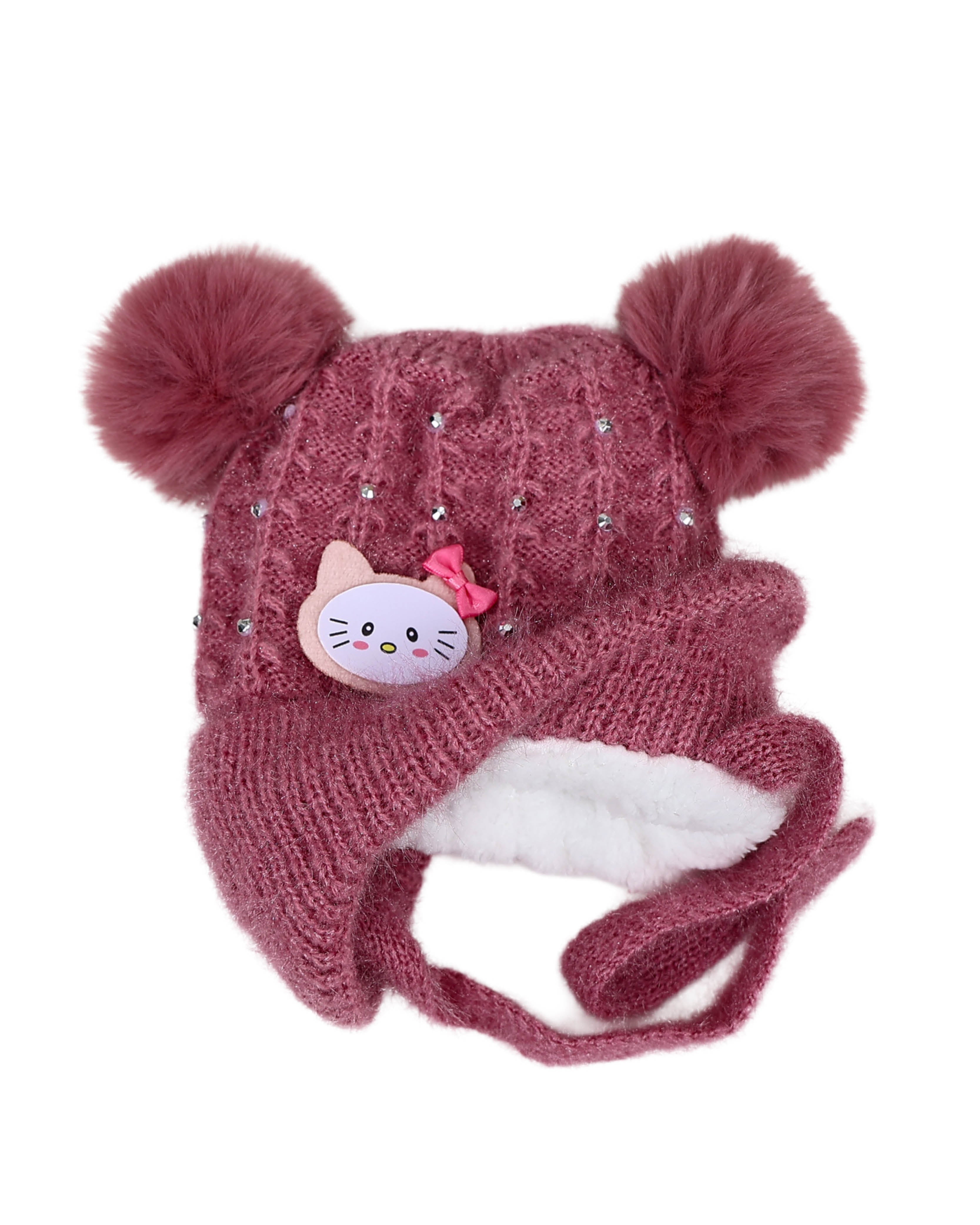 Pearl Embellished Double Pompom Pink Kitten Beanie