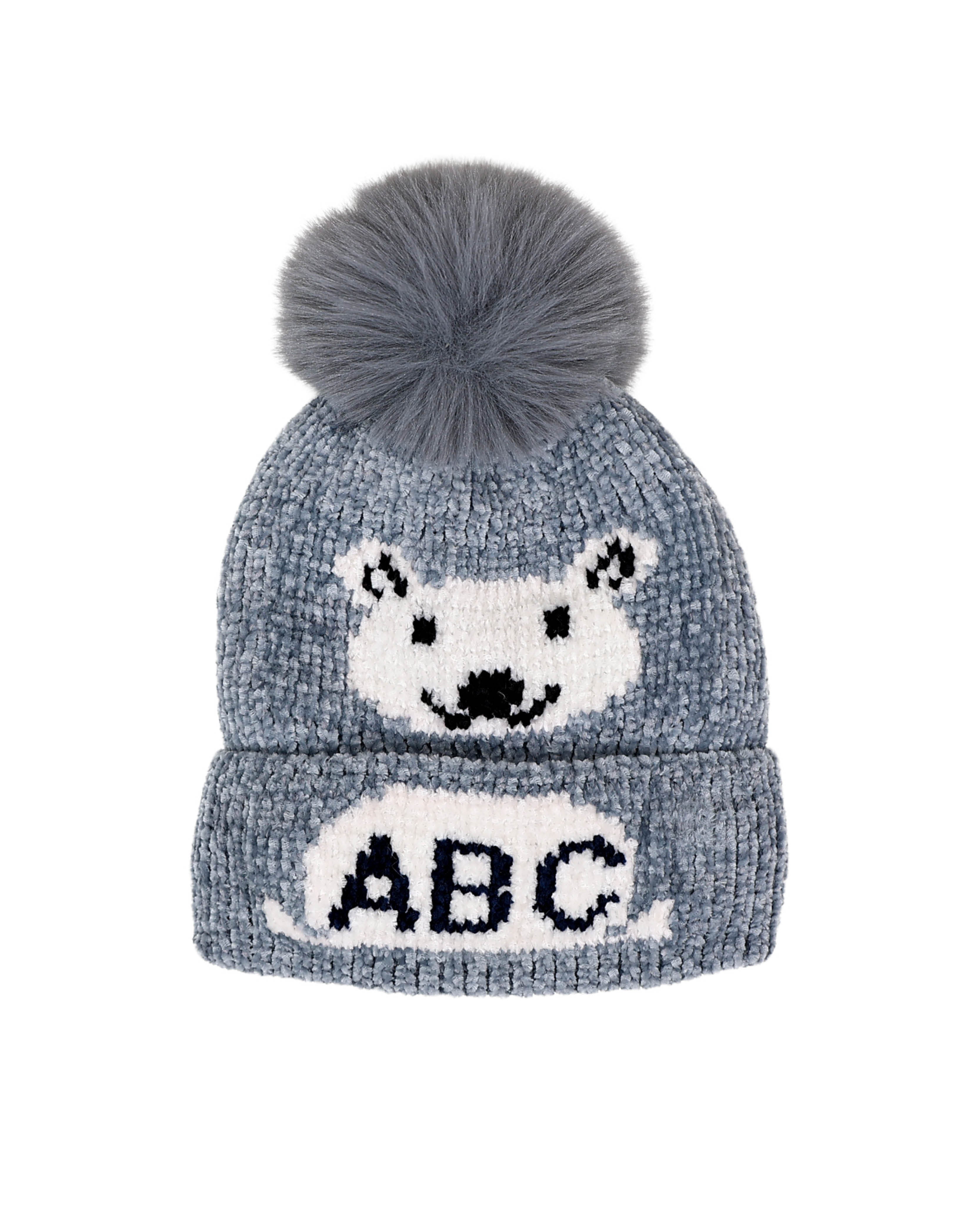 Grey ABC Teddy Plush Pompom Beanie