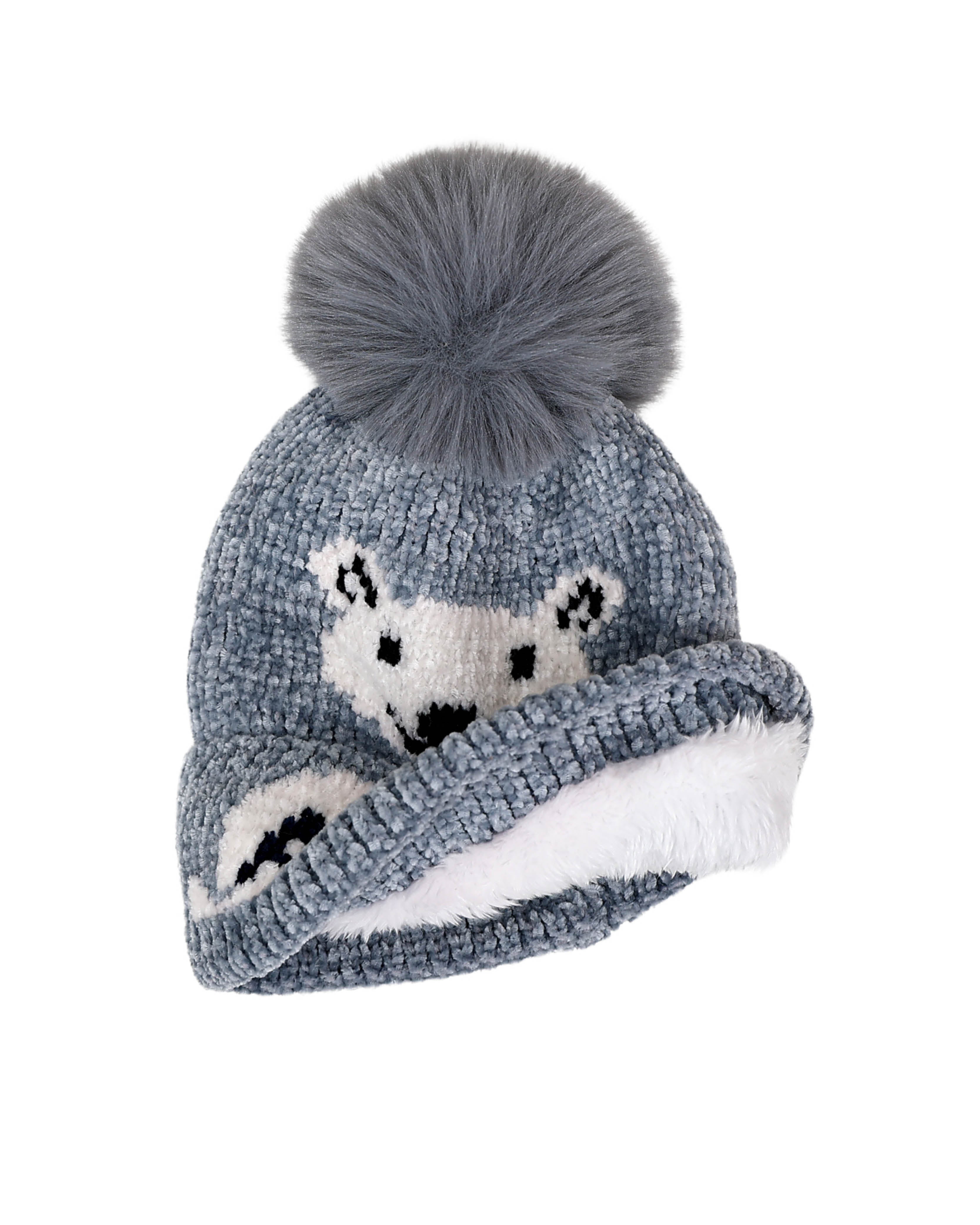 Grey ABC Teddy Plush Pompom Beanie