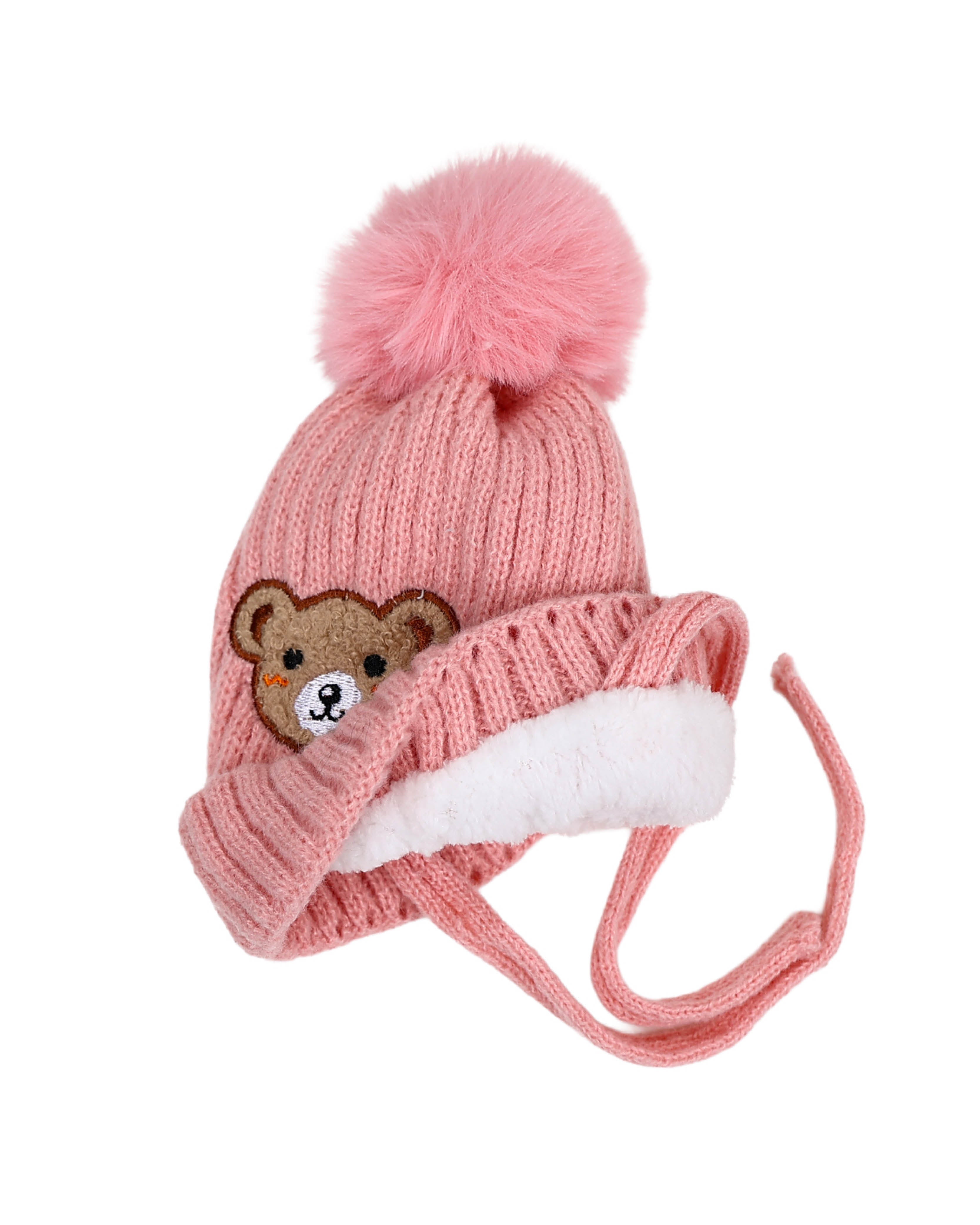Teddy Appliqued Teddy Pink Pompom Beanie