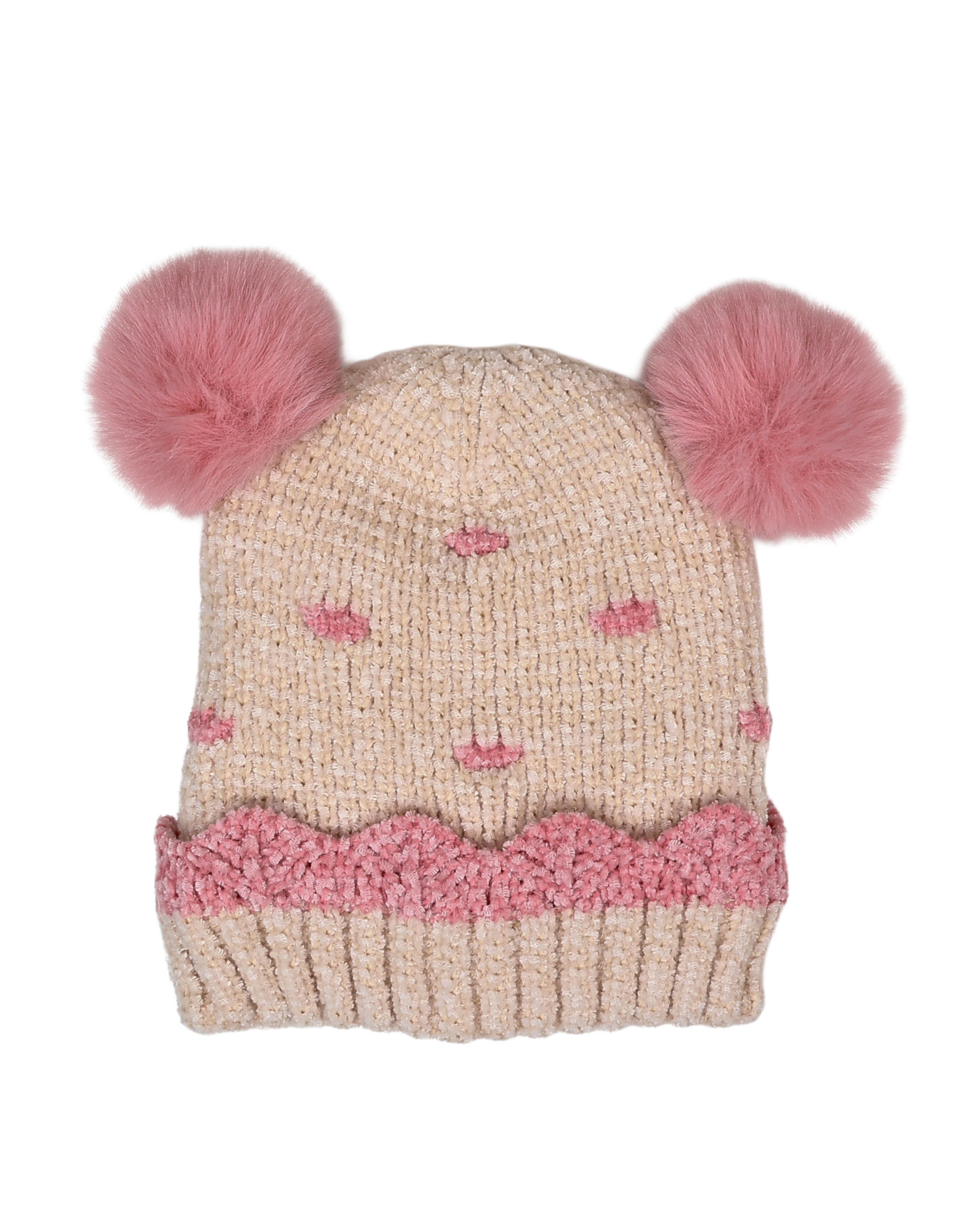 Cream & Pink Double Pom Pom Beanie