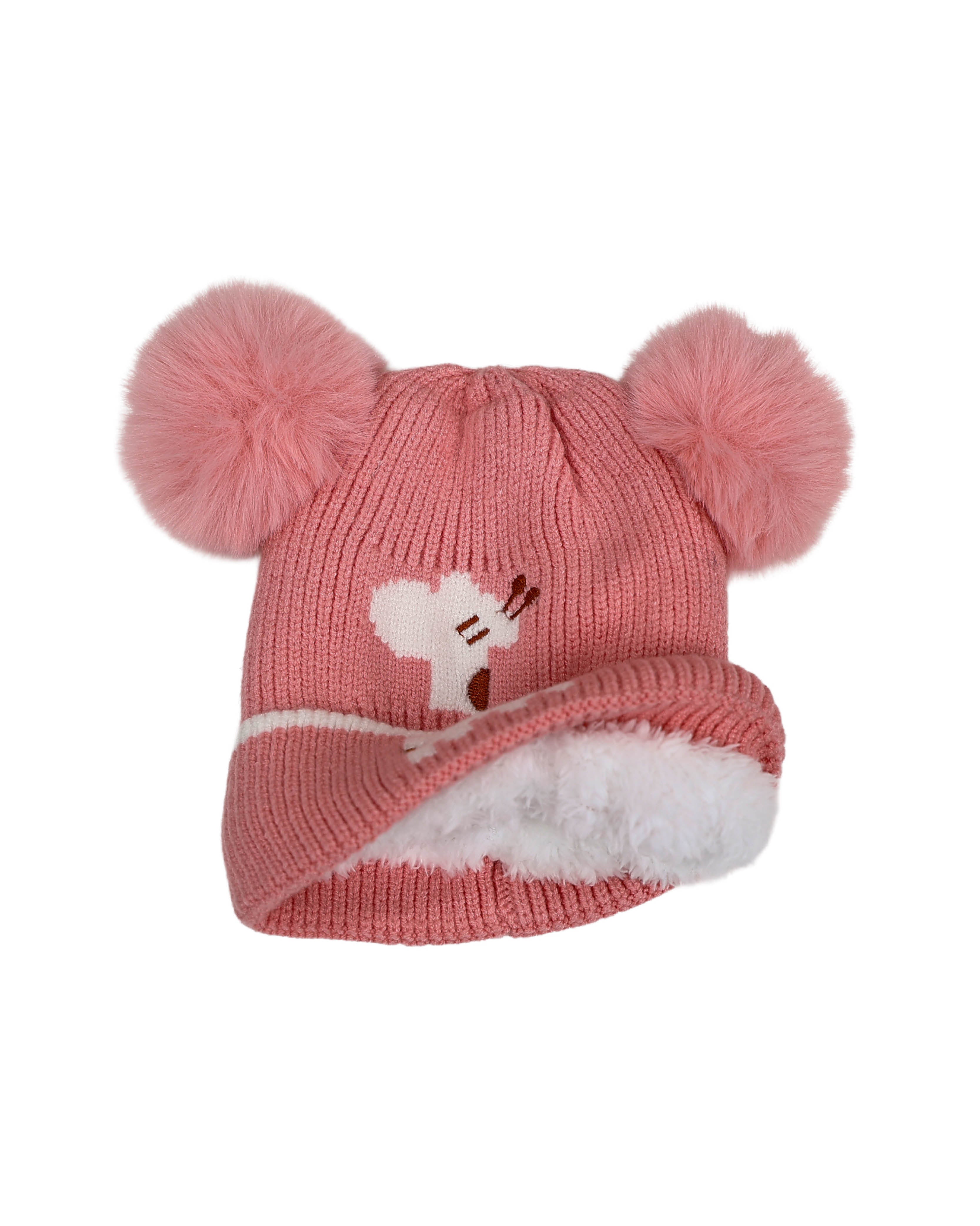 Girls Pink Giraffe Double Pompom Beanie