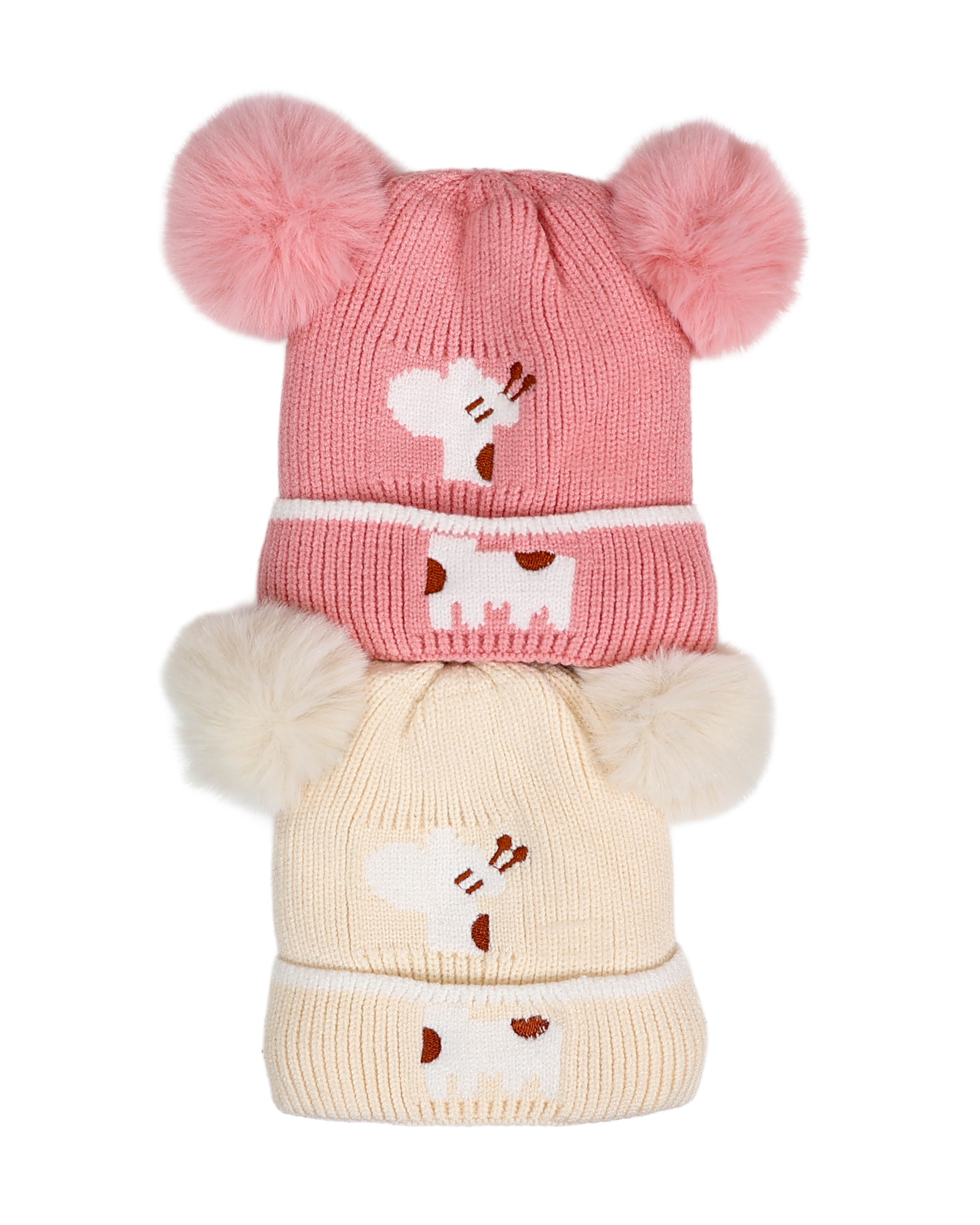 Girls Pink Giraffe Double Pompom Beanie