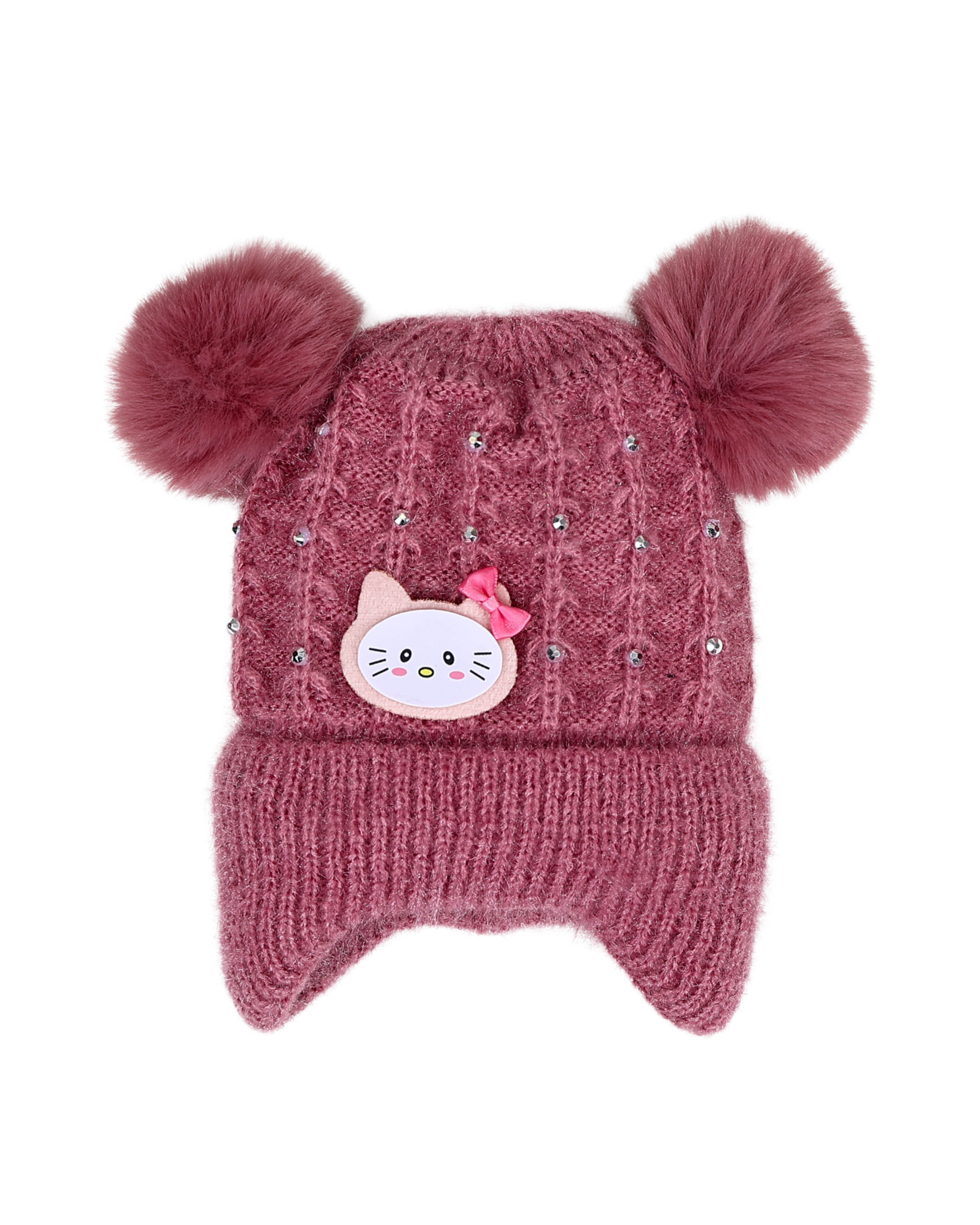 Pearl Embellished Double Pompom Pink Kitten Beanie