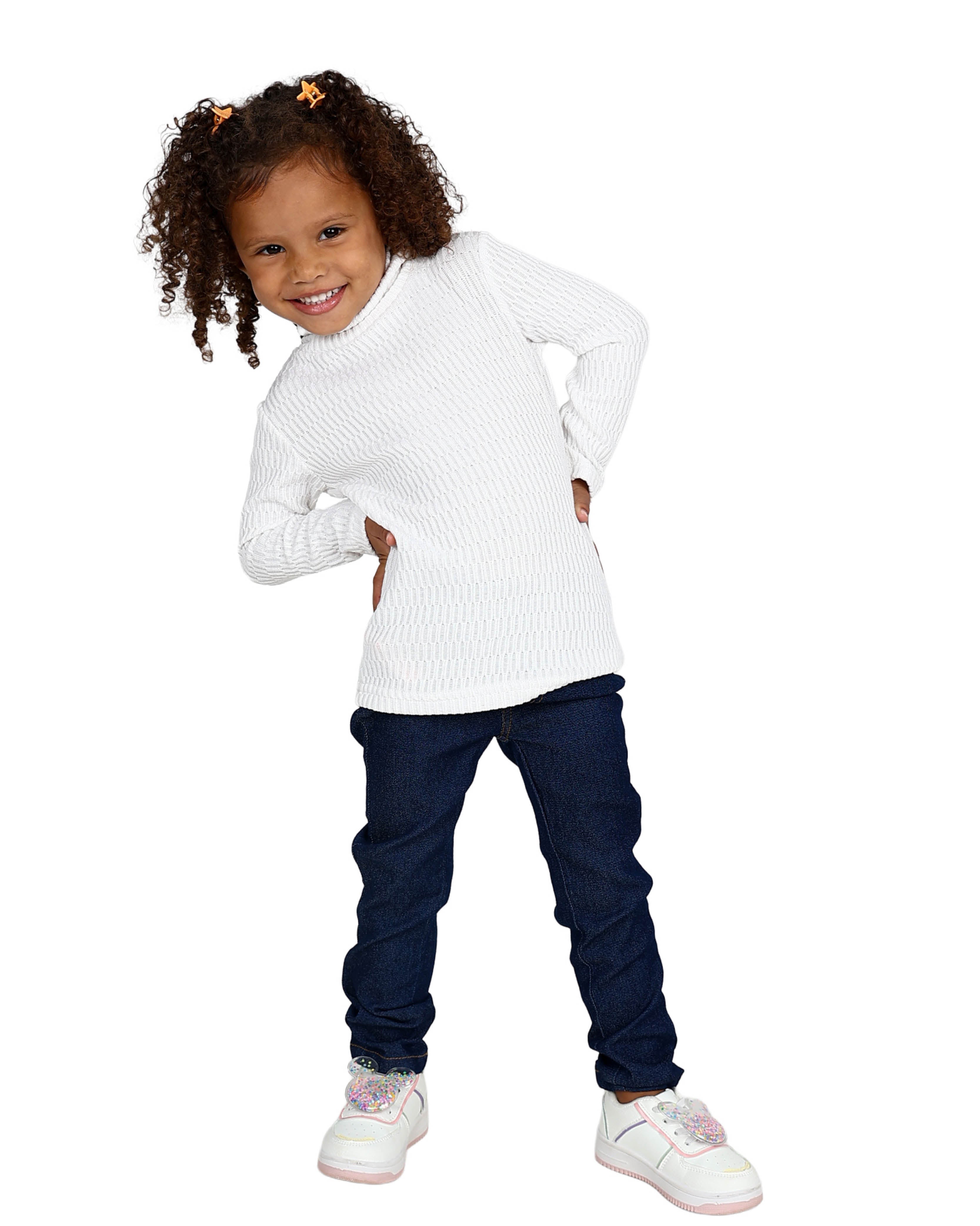 Long Sleeve Jacquard White Polo Neck Top