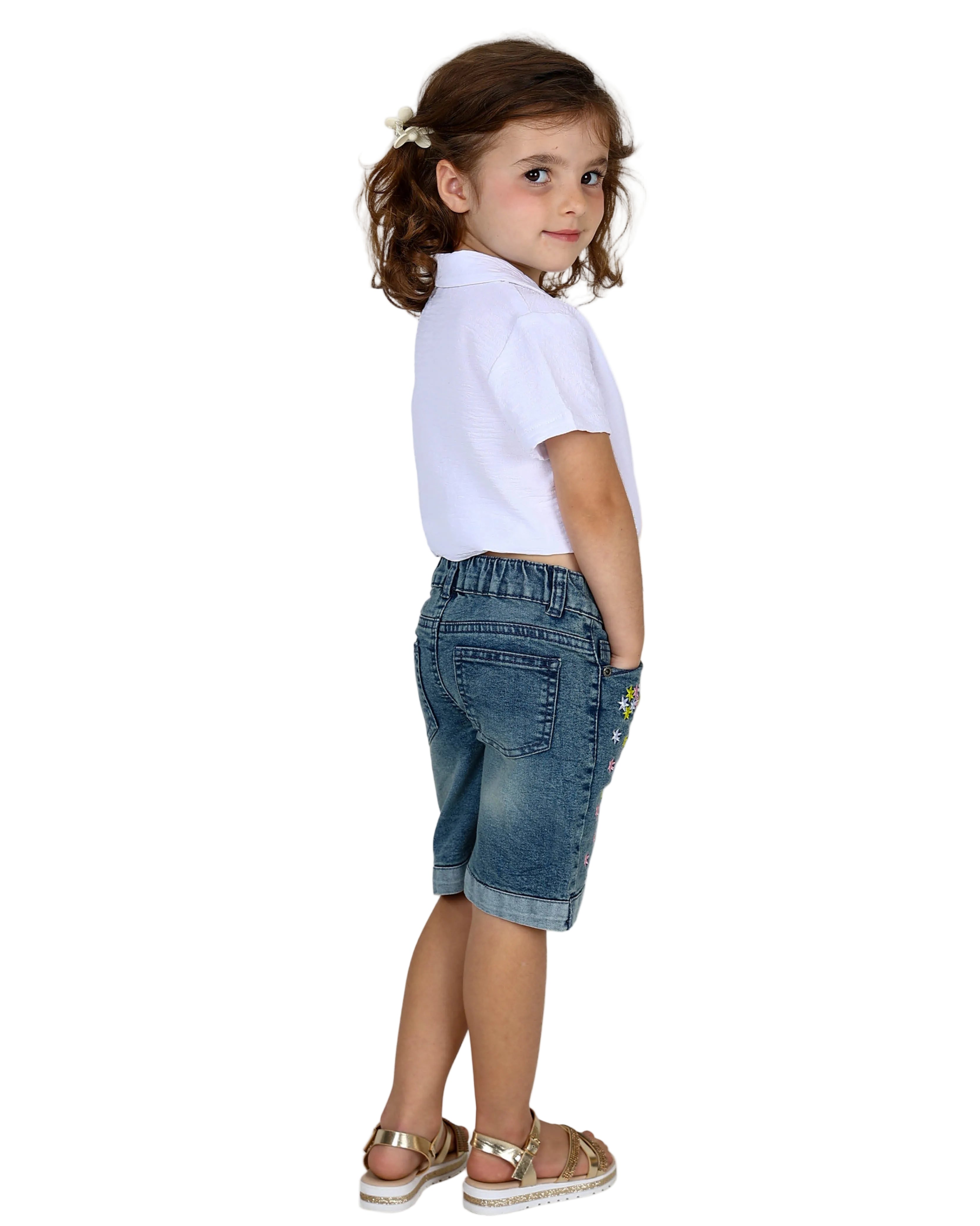 Floral Embroidered Medium Indigo Denim Shorts