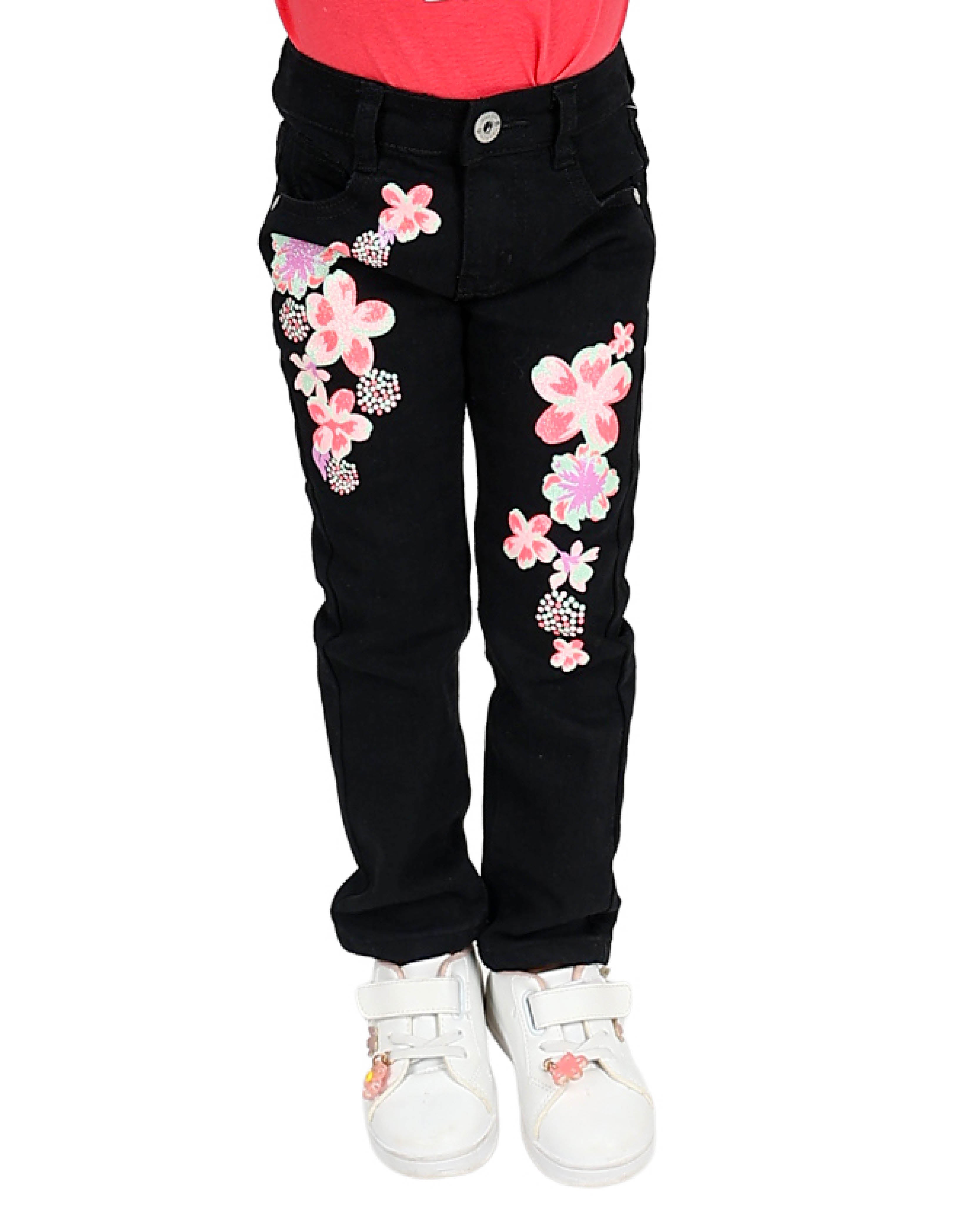 Black Floral Print Stretch Jeans