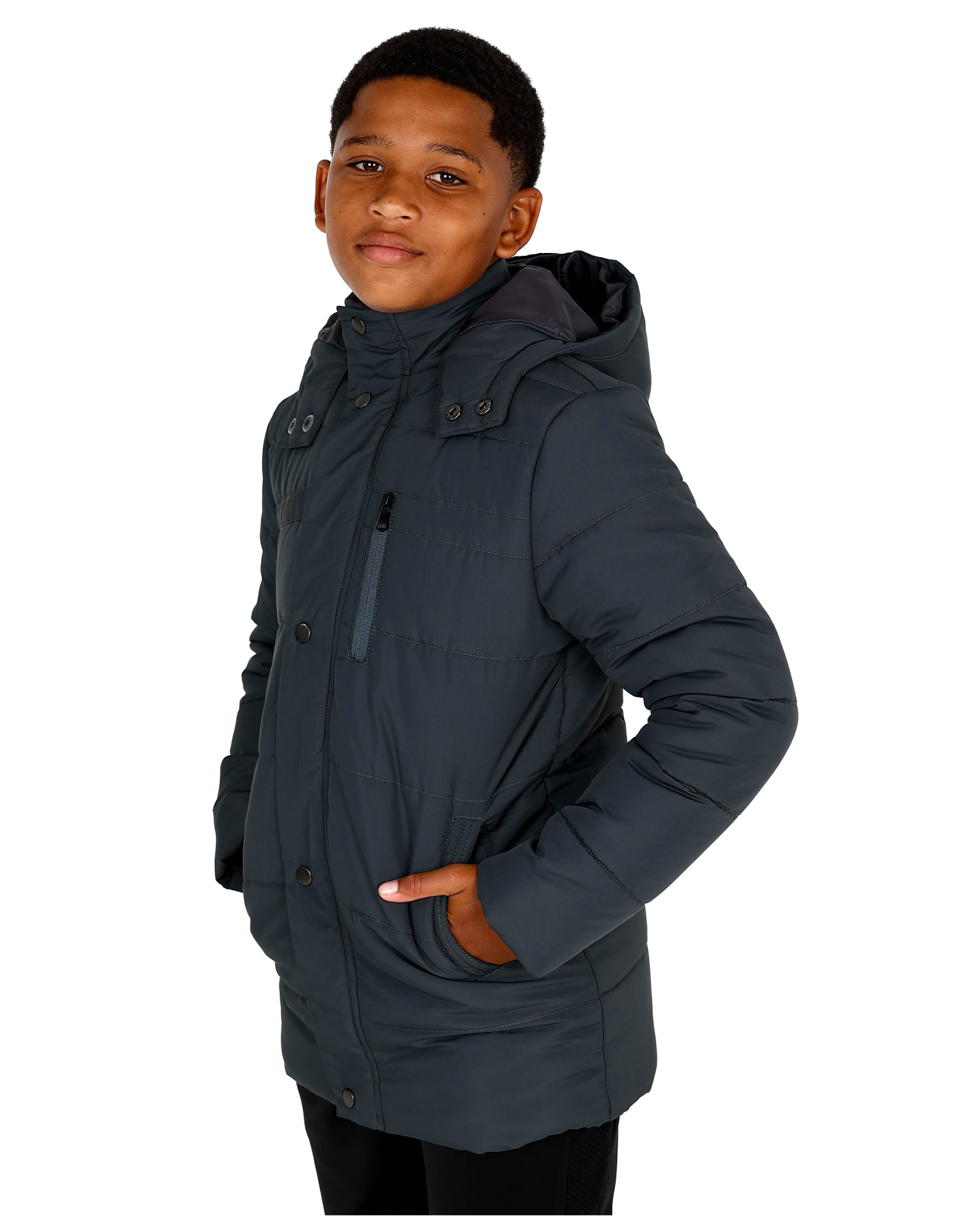 Charcoal Longer Length Hooded Puffer Jacket