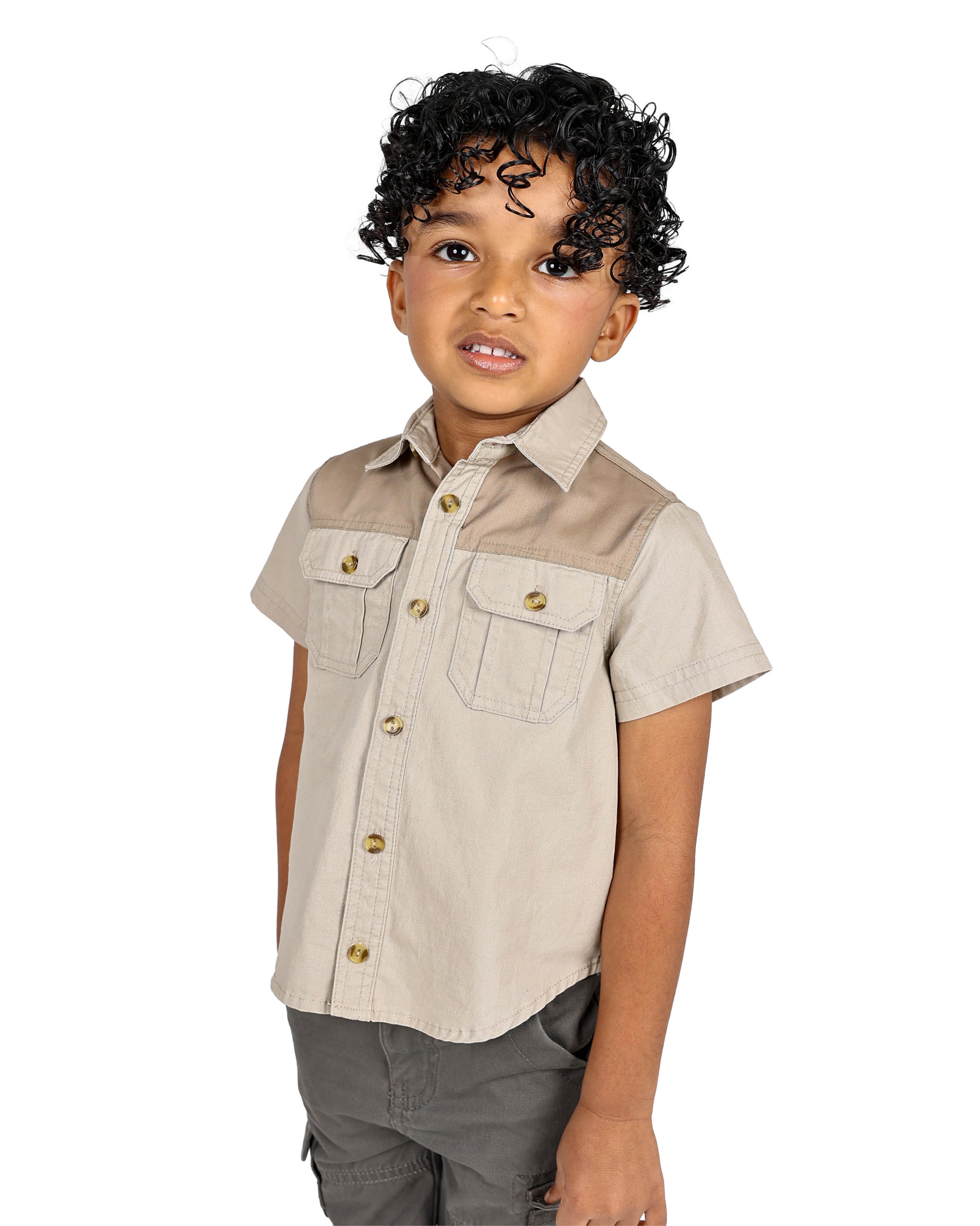 Okavango Short Sleeve Stone & Olive Colourblock Shirt