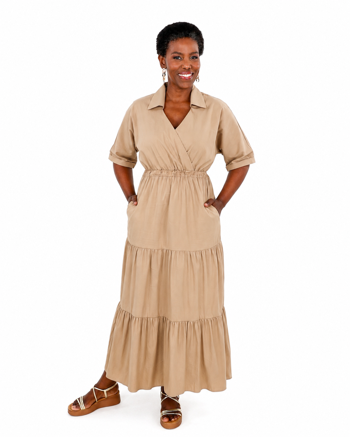 Mock Wrap Tiered Collared Dress