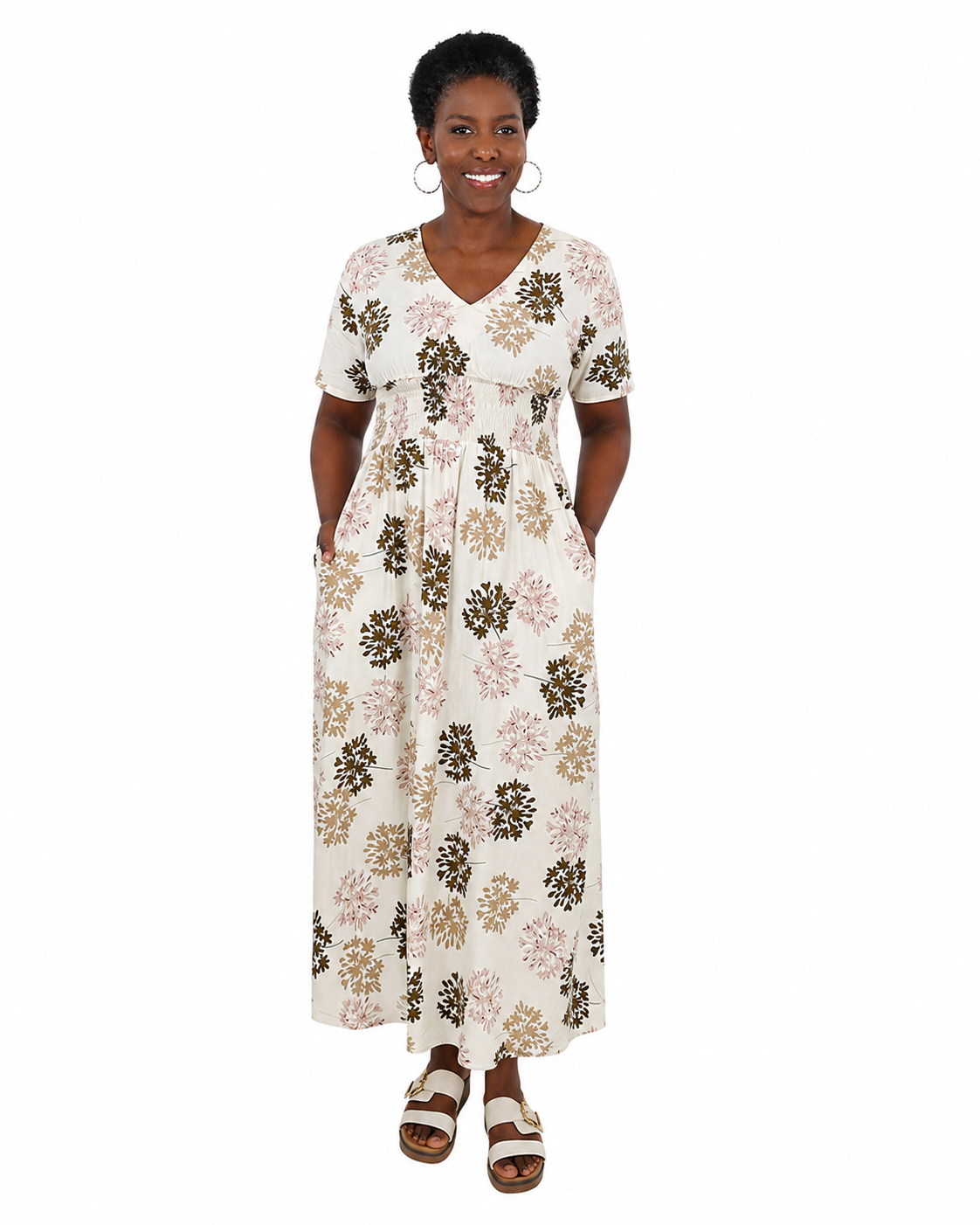Short Sleeve Printed Smocked Waist Maxi Dress