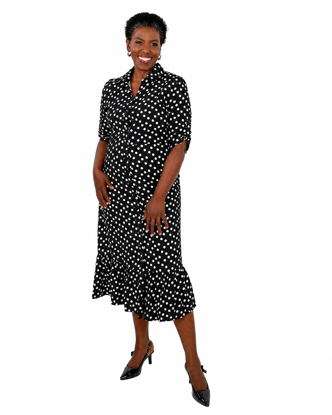 Short Sleeve Button Through Polka Dot Midi Dress