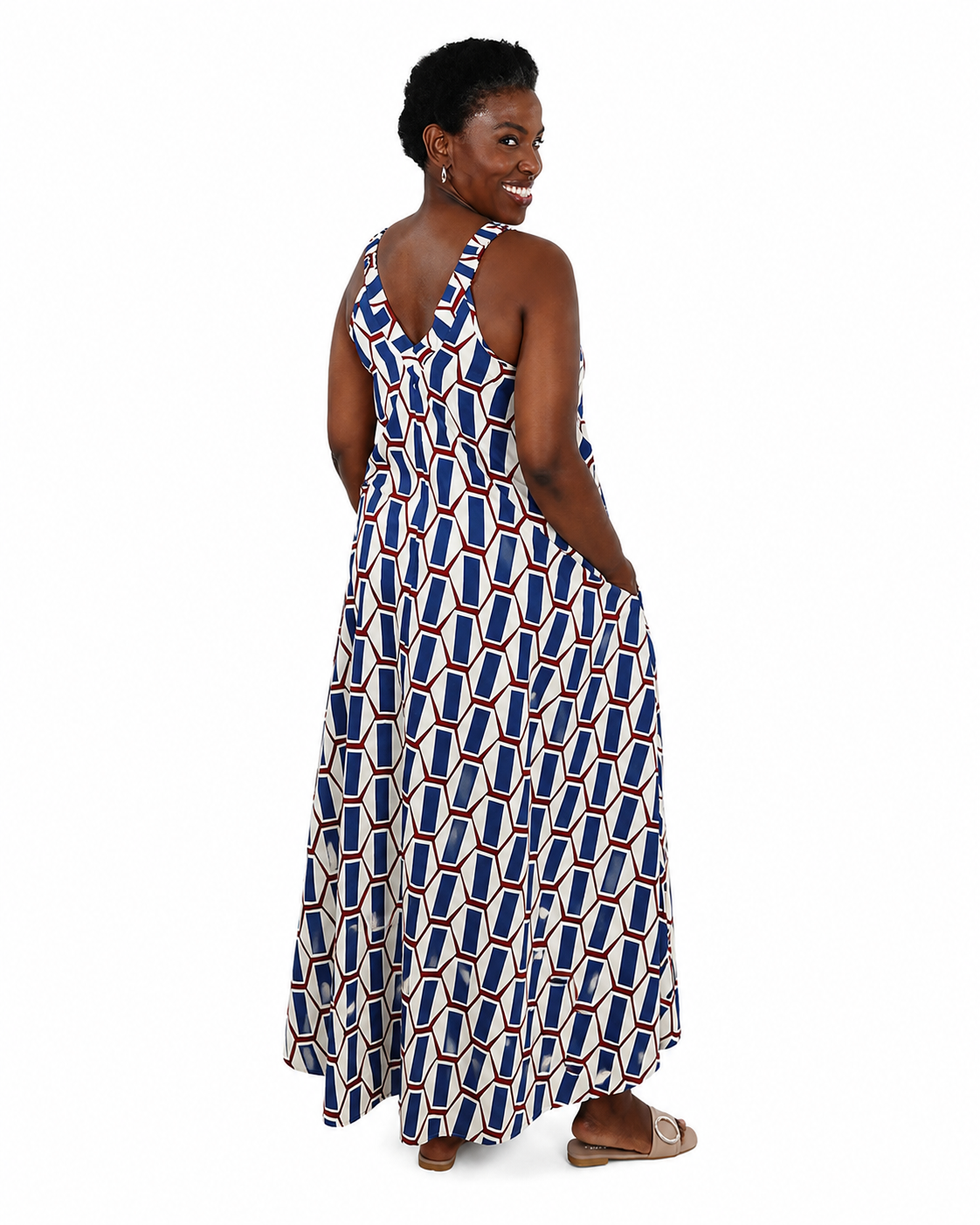 Sleeveless Geometric Print V-Neck Flared Maxi Dress