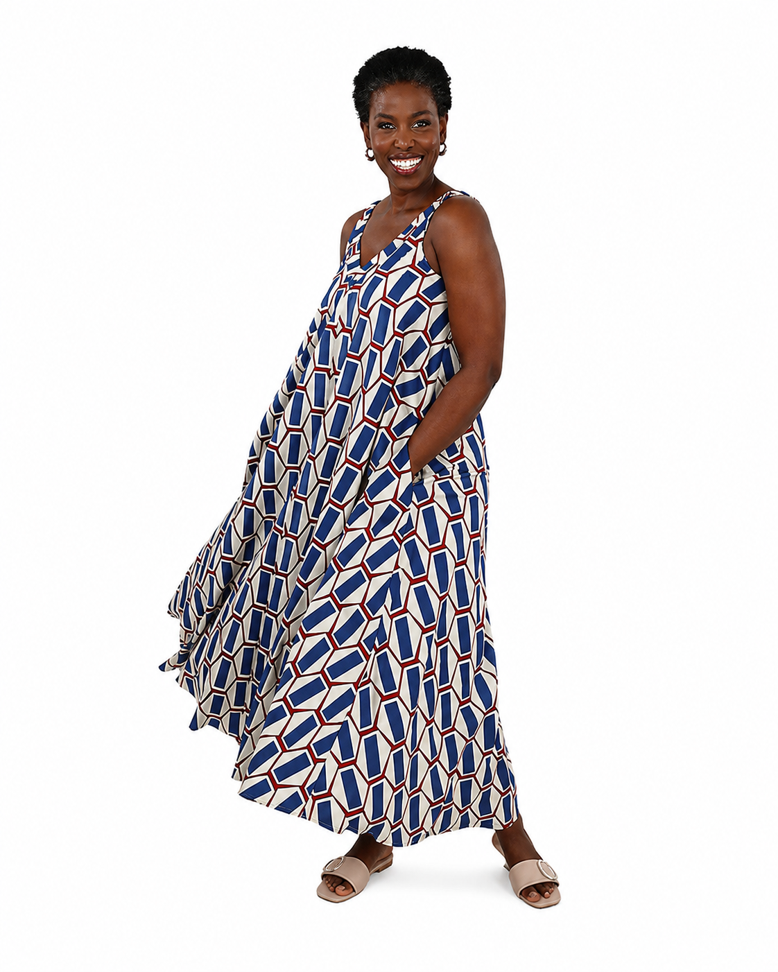Sleeveless Geometric Print V-Neck Flared Maxi Dress