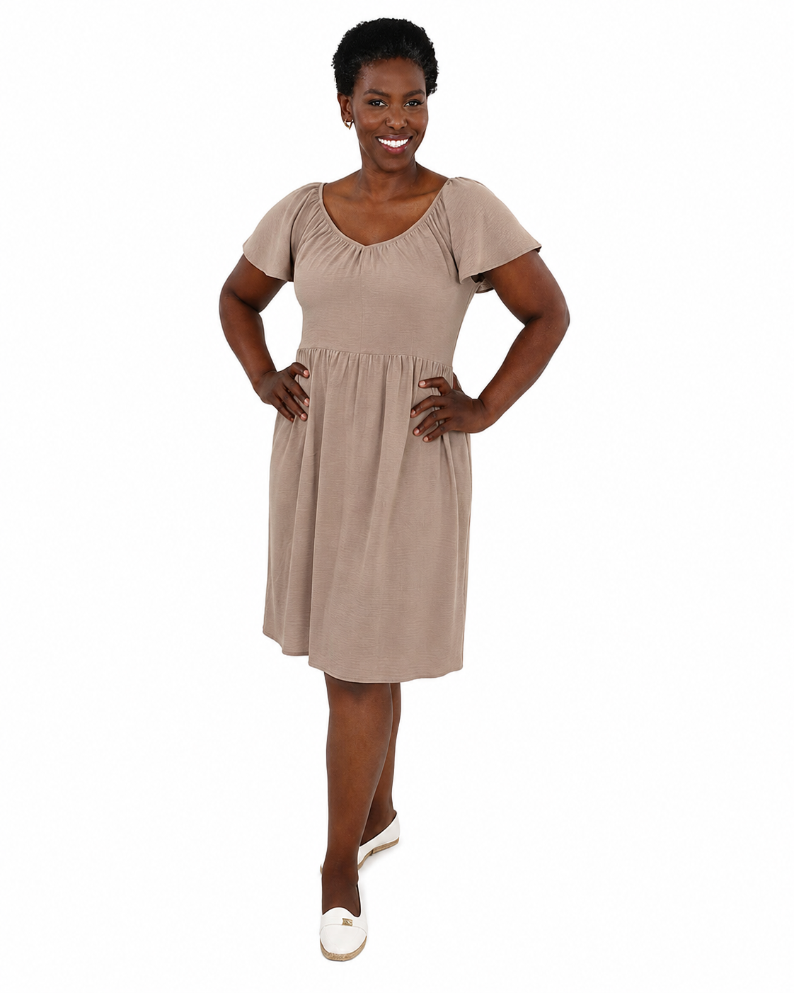 Stone Flutter Sleeve Knee Length Dress