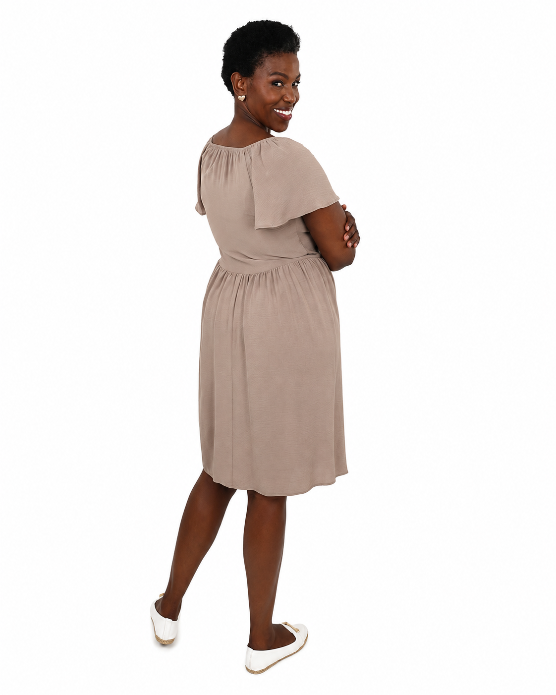 Stone Flutter Sleeve Knee Length Dress