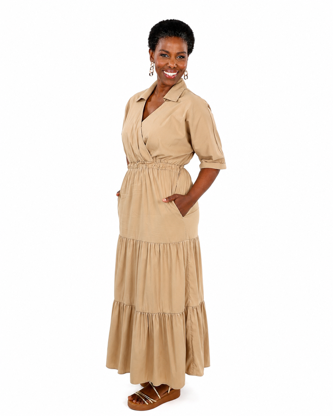 Short Sleeve Mocha Mock Wrap Tiered Collared Dress