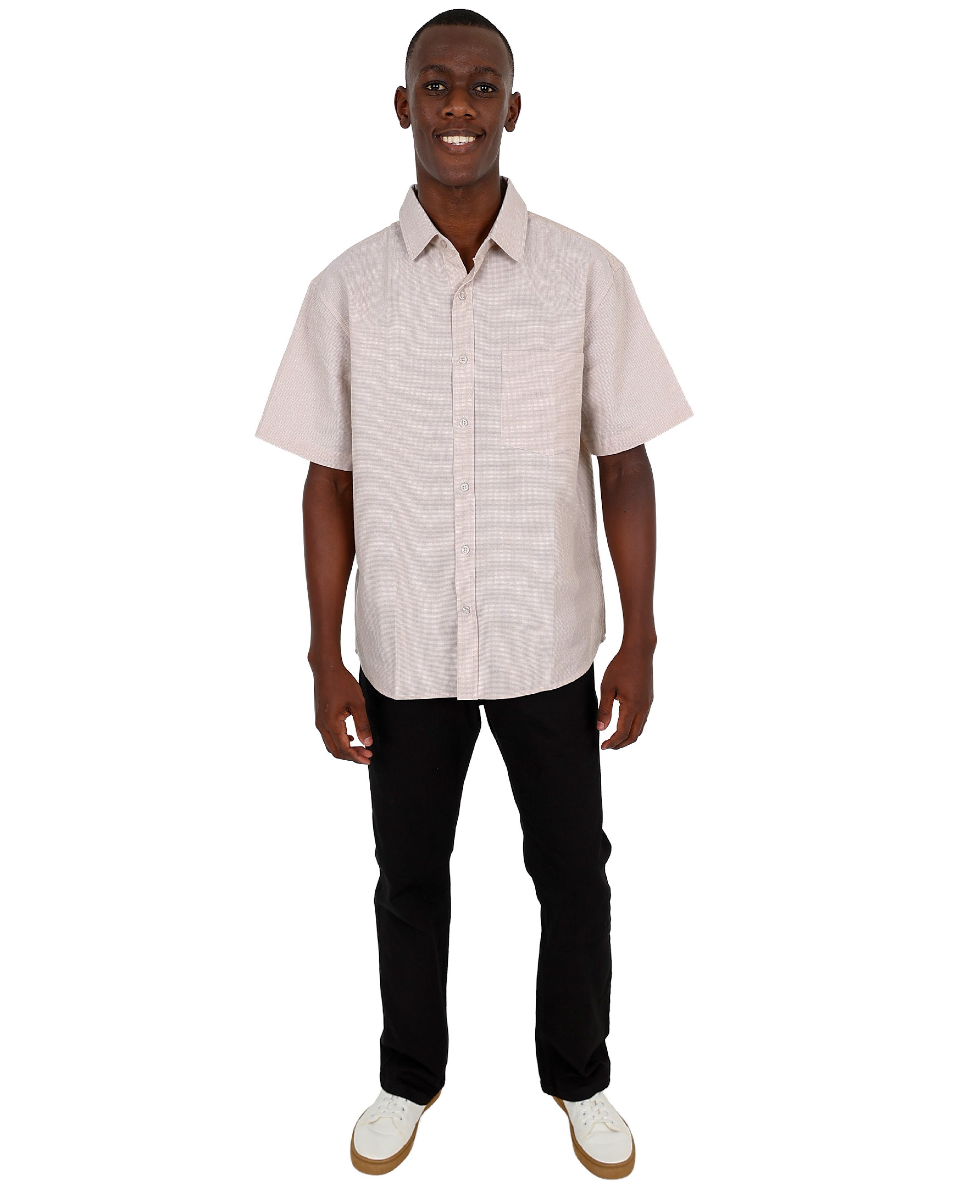 Short Sleeve Stone Waffle Textured Cotton Shirt