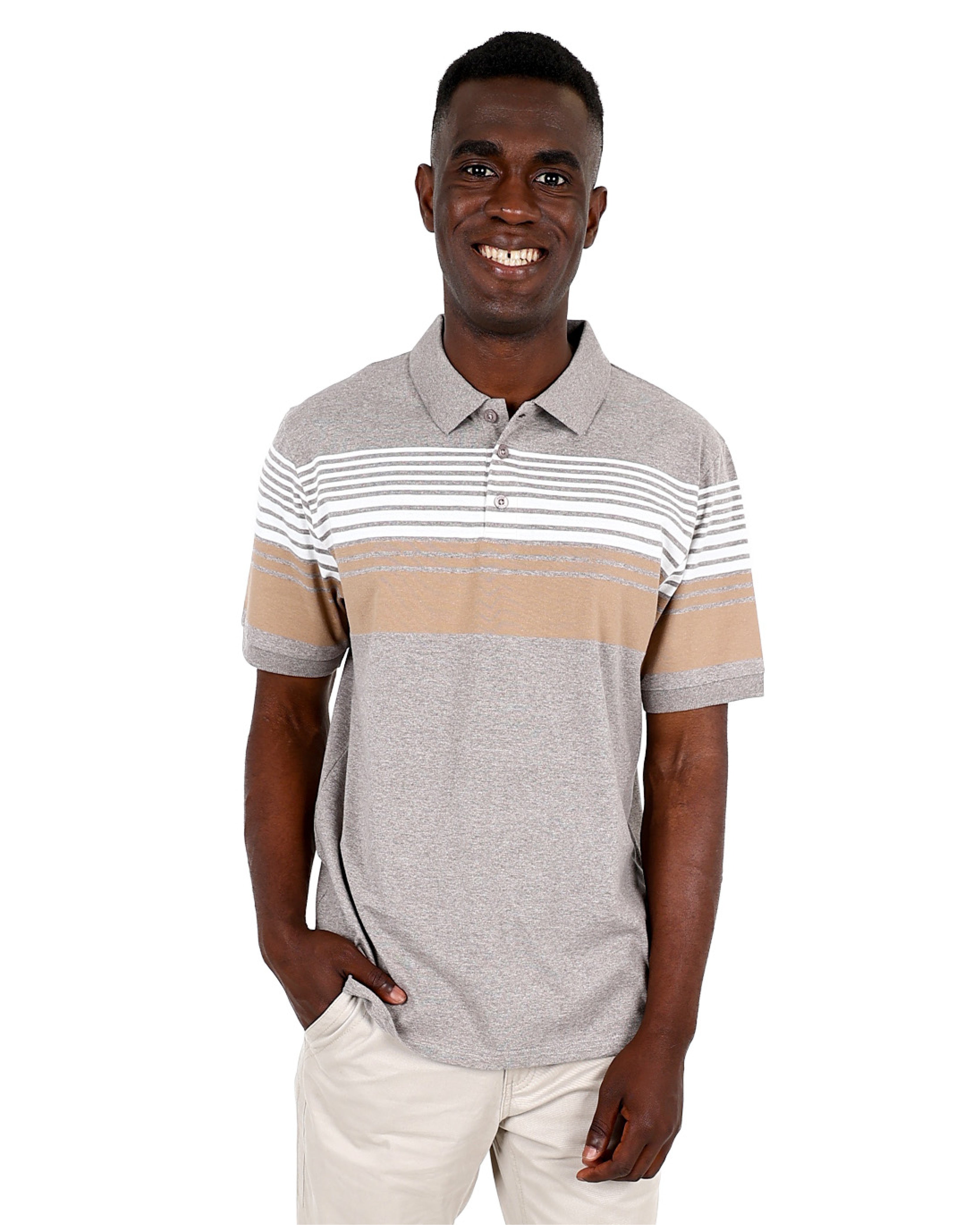 Short Sleeve Beige Yarn Dyed Stripe Golfer