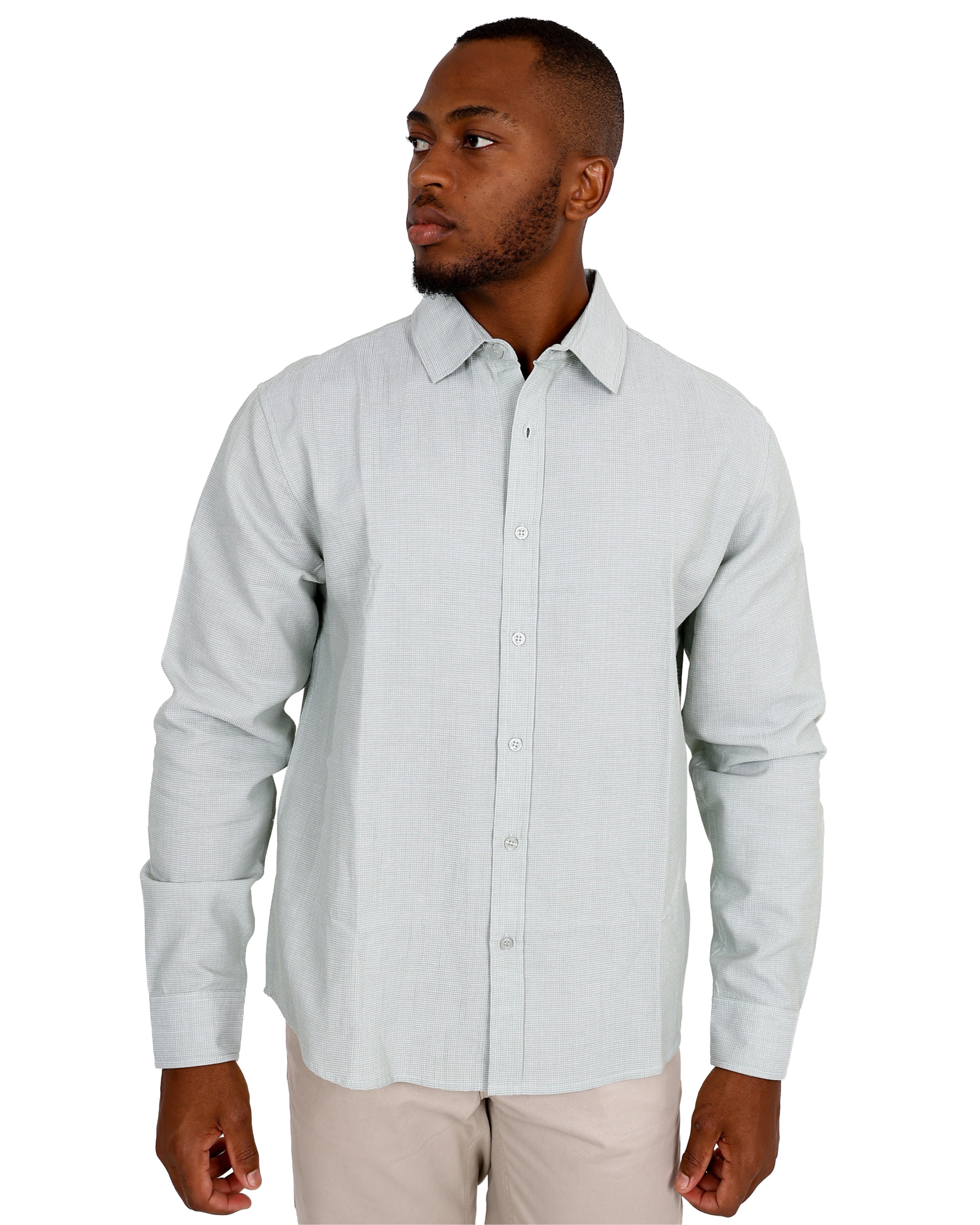 Long Sleeve Sage Mini Waffle Textured Cotton Shirt