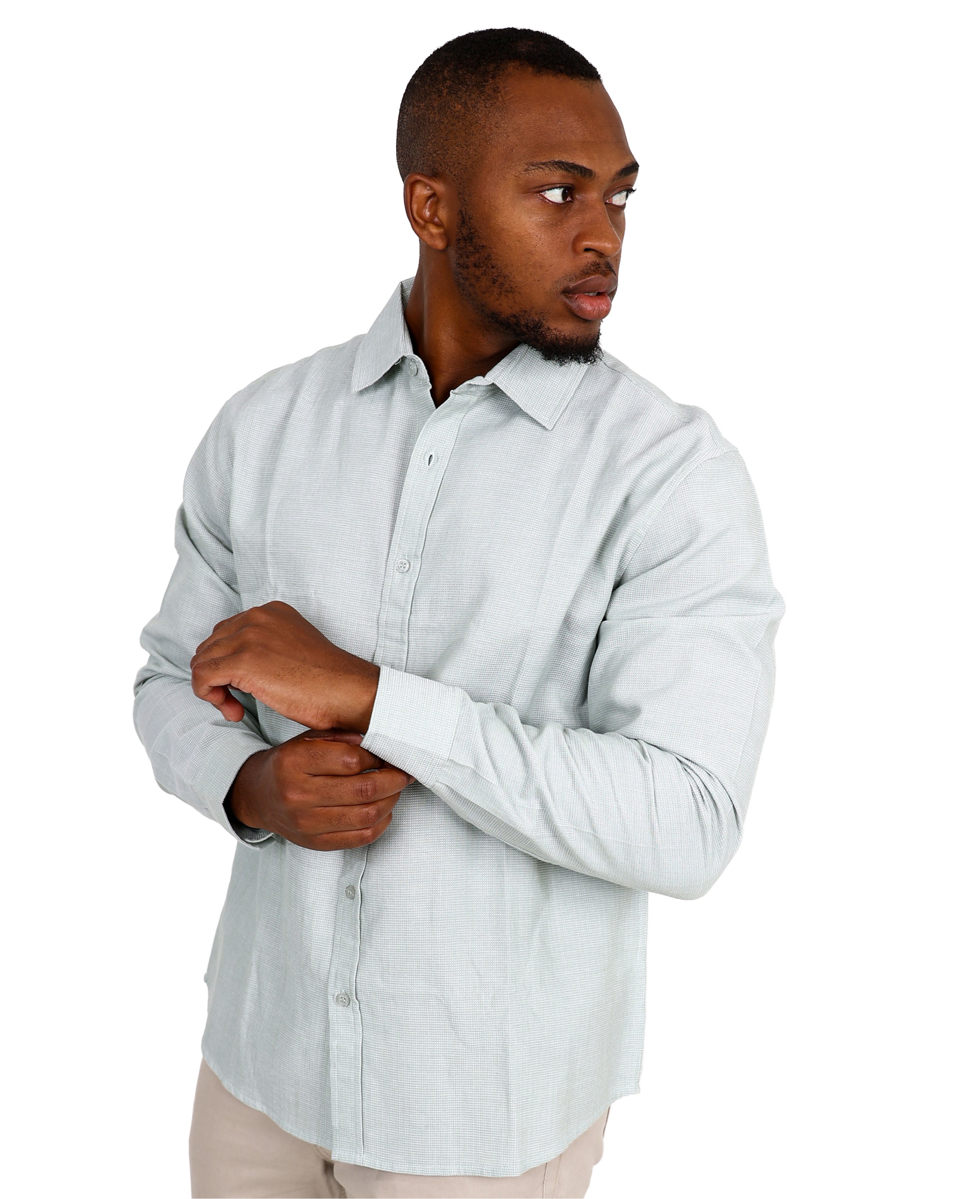 Long Sleeve Sage Mini Waffle Textured Cotton Shirt