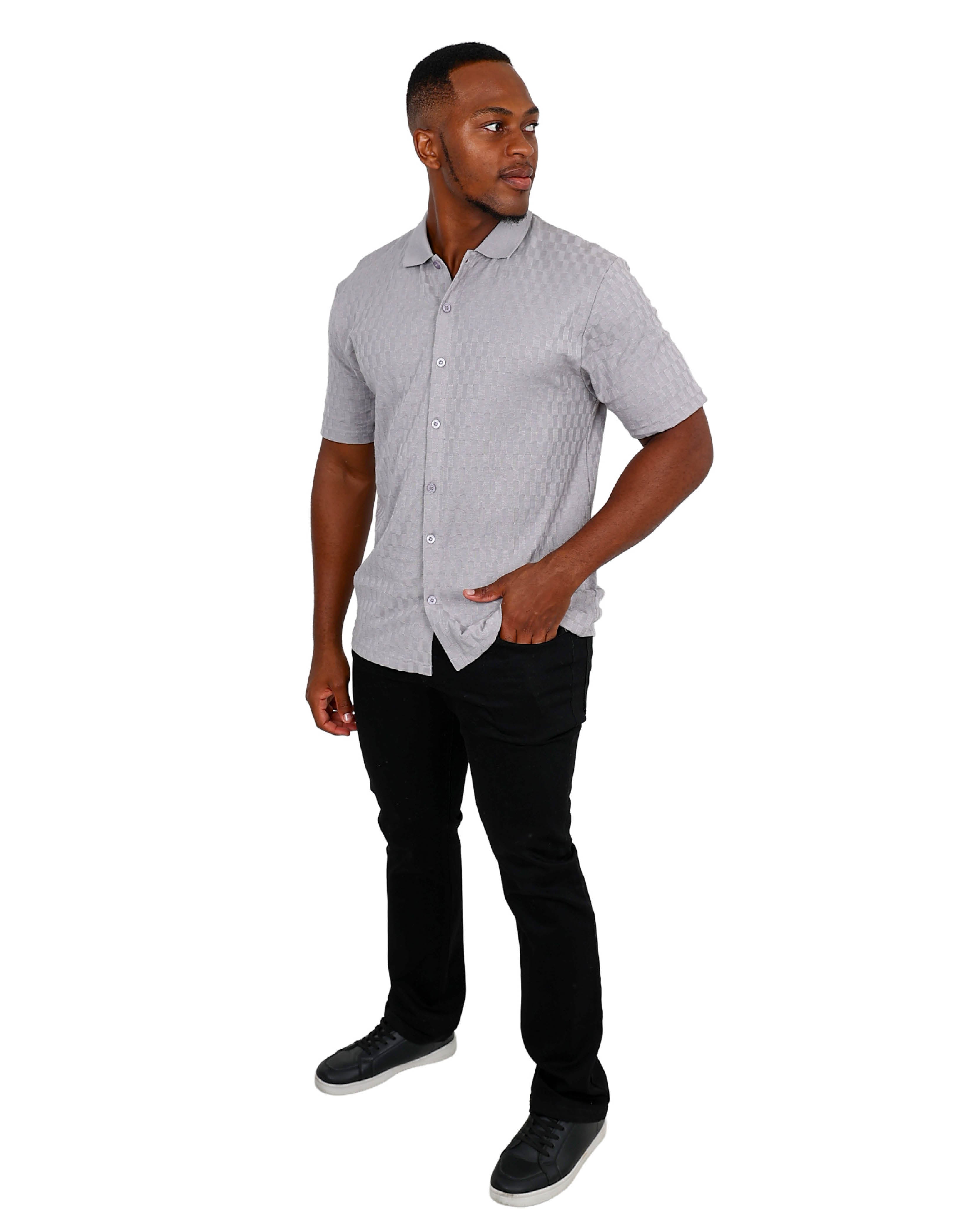 Short Sleeve Button Up Silver Jacquard Golfer