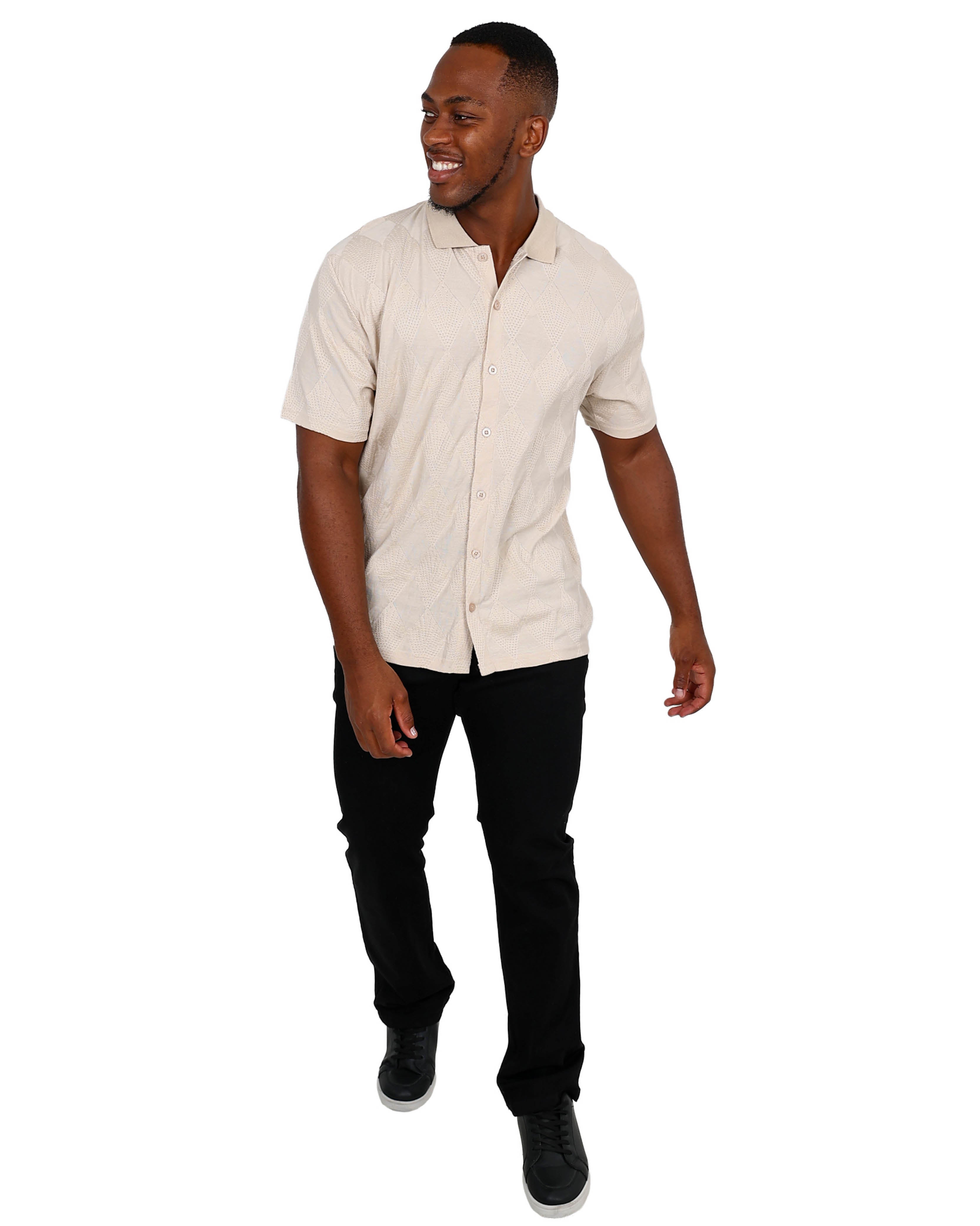 Short Sleeve Button Up Stone Jacquard Golfer