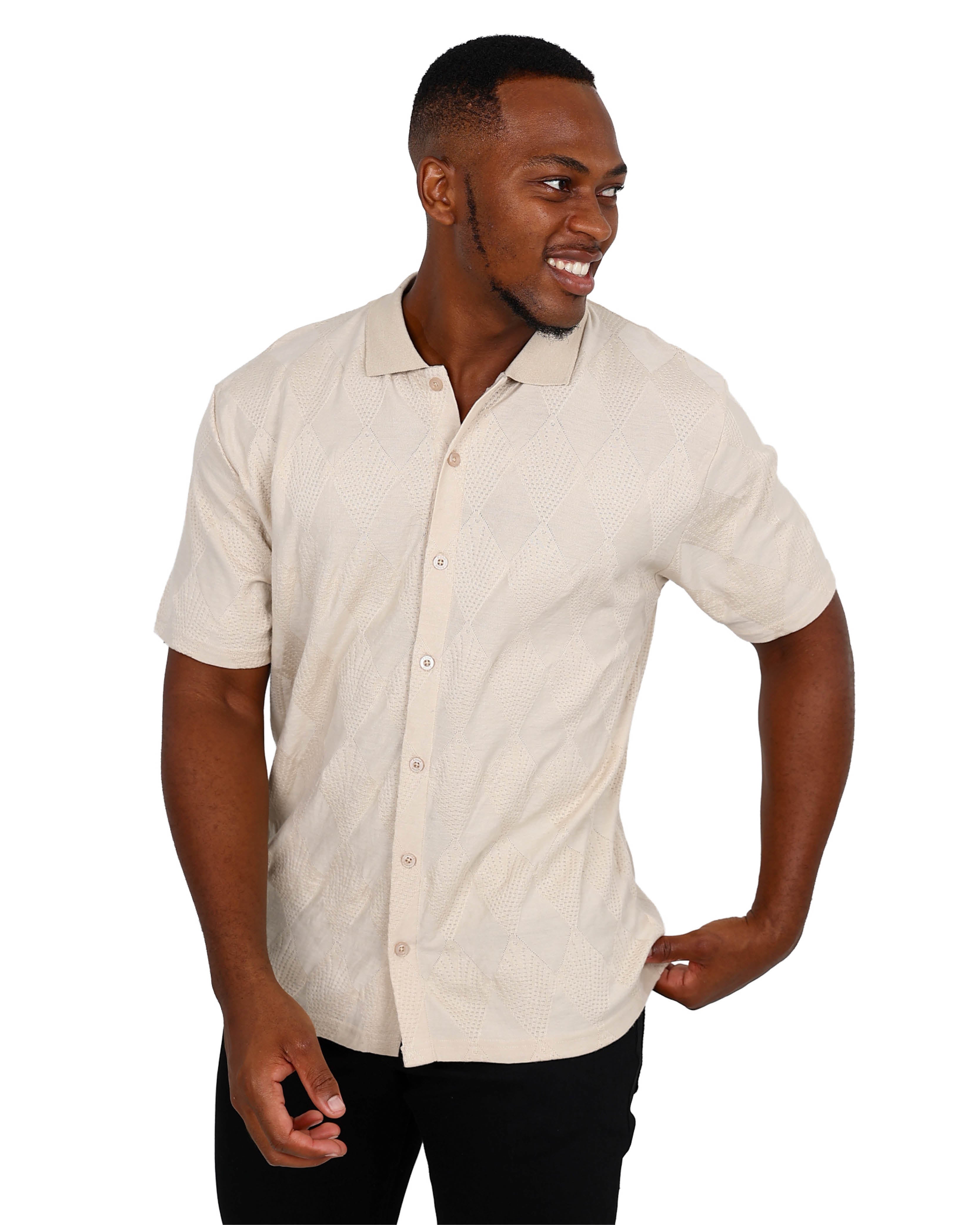 Short Sleeve Button Up Stone Jacquard Golfer