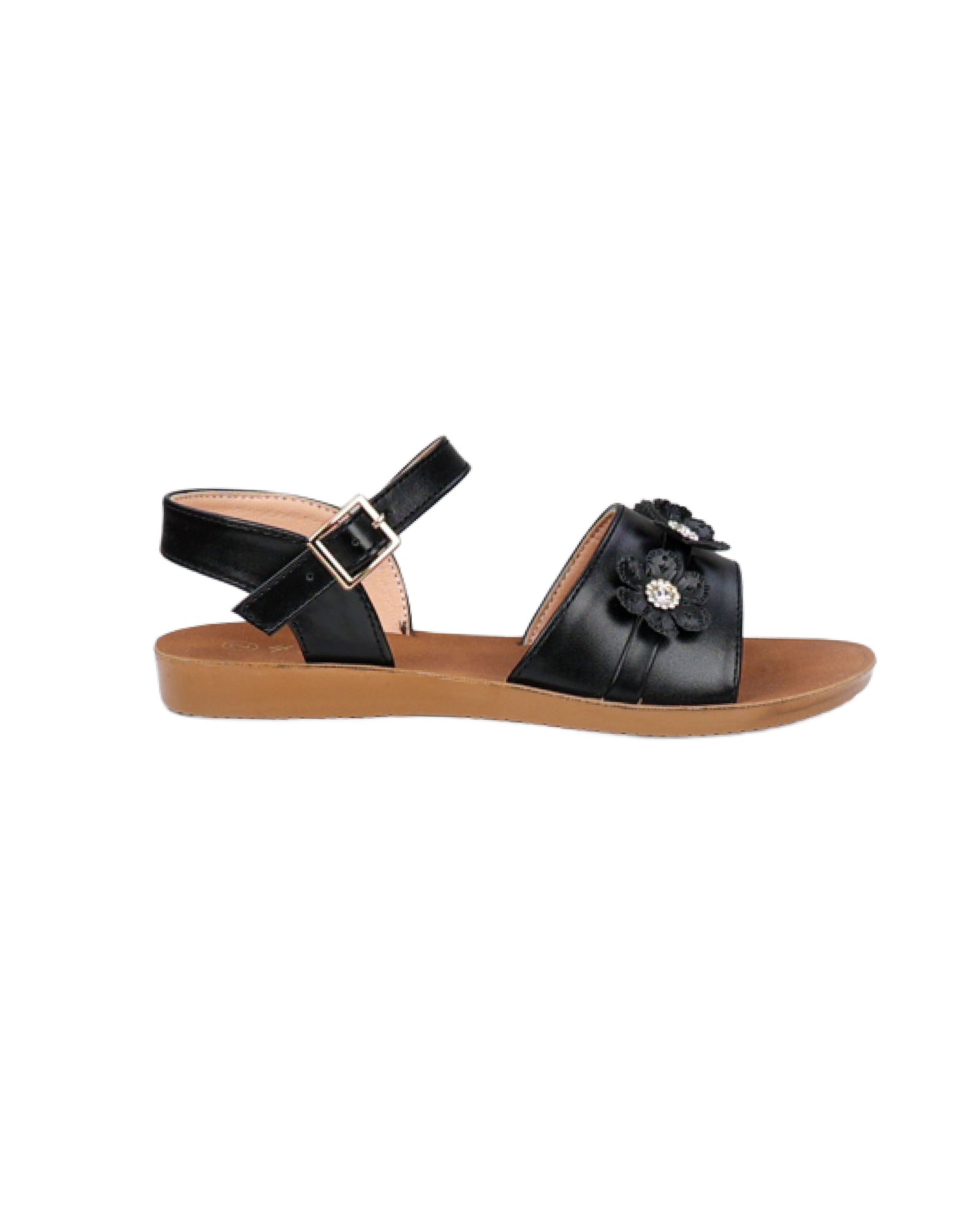 Girls Black Floral Applique Sandals