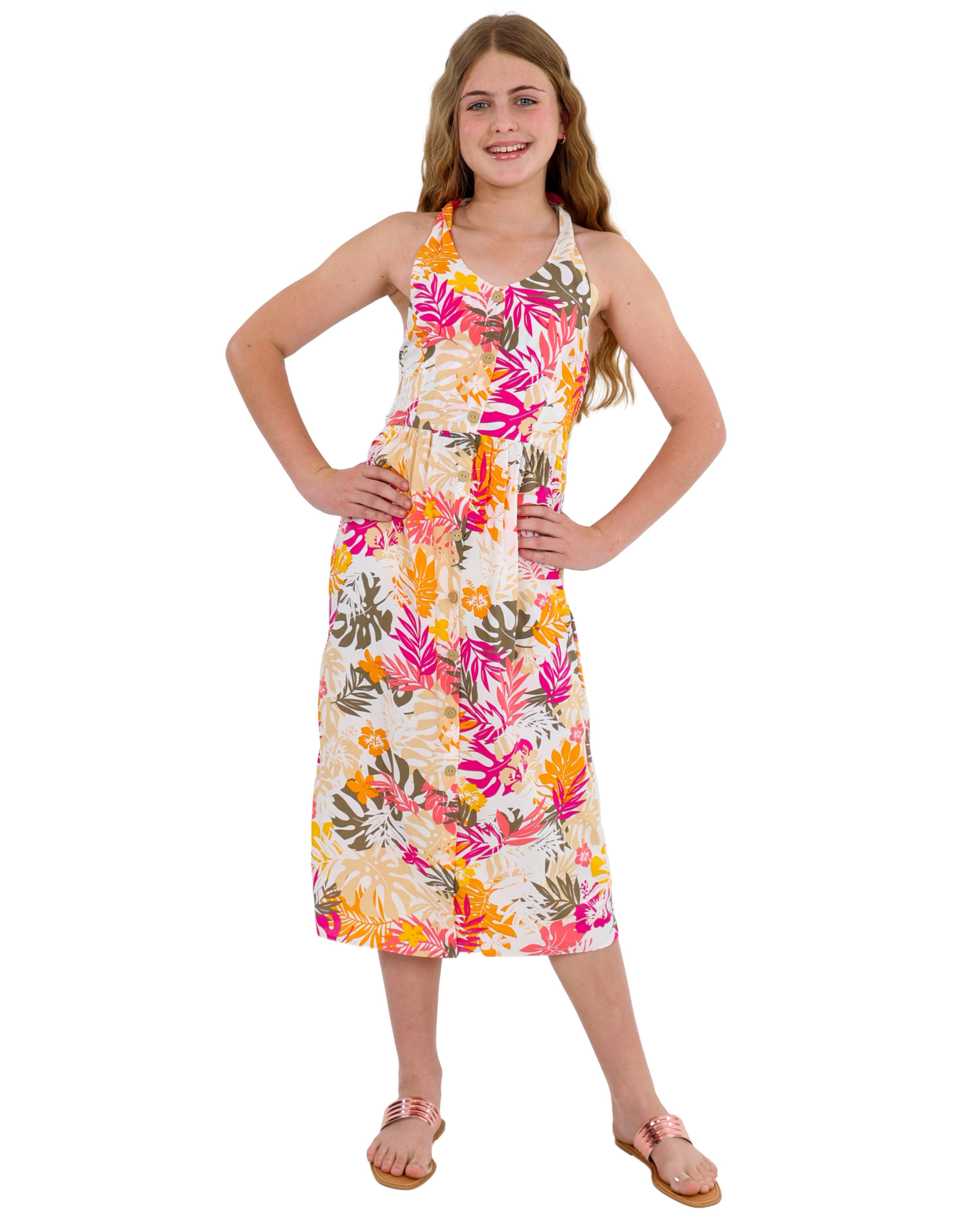 Tropical Floral Print Halter Midi Dress