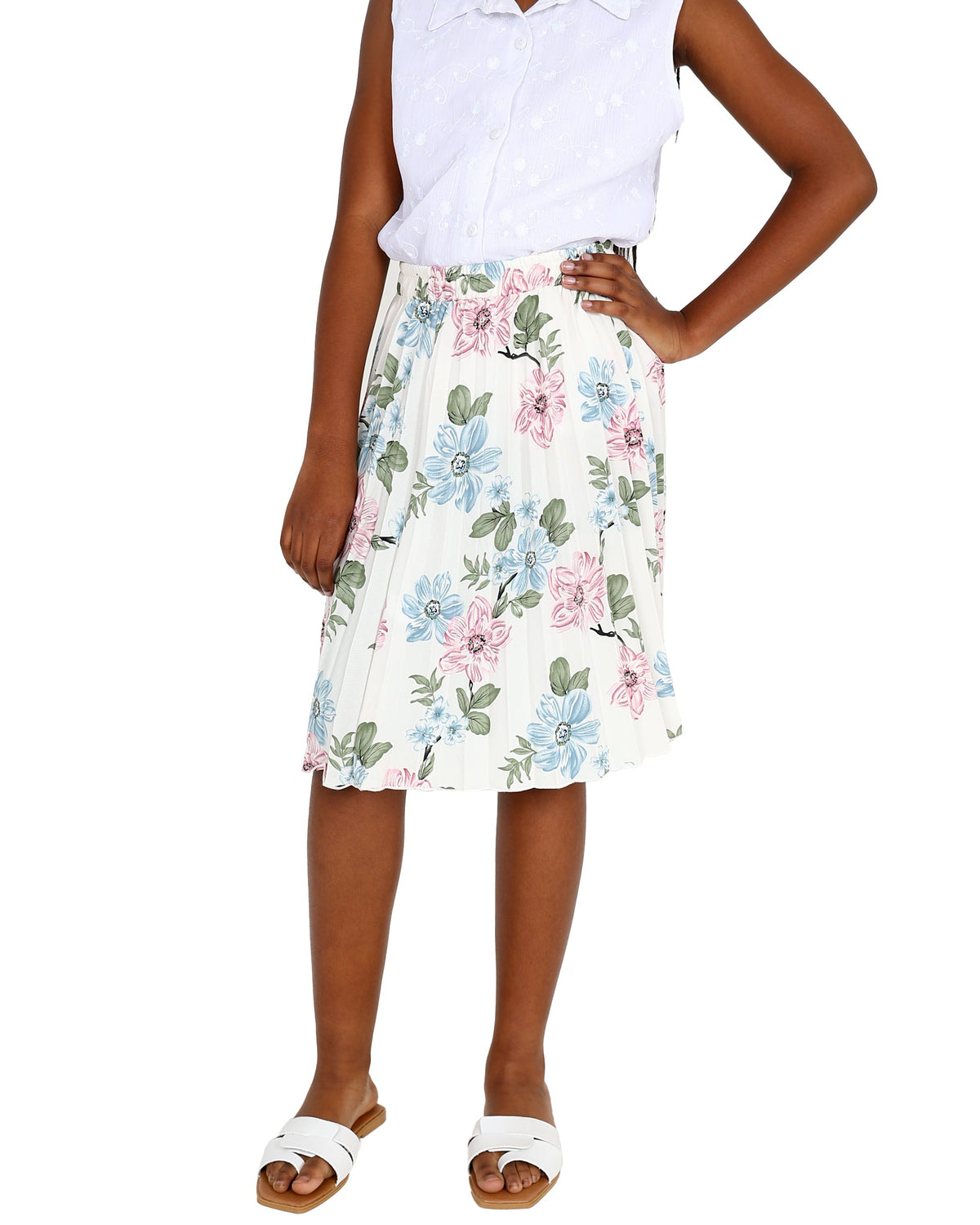 Cream Pleated Floral Skirt