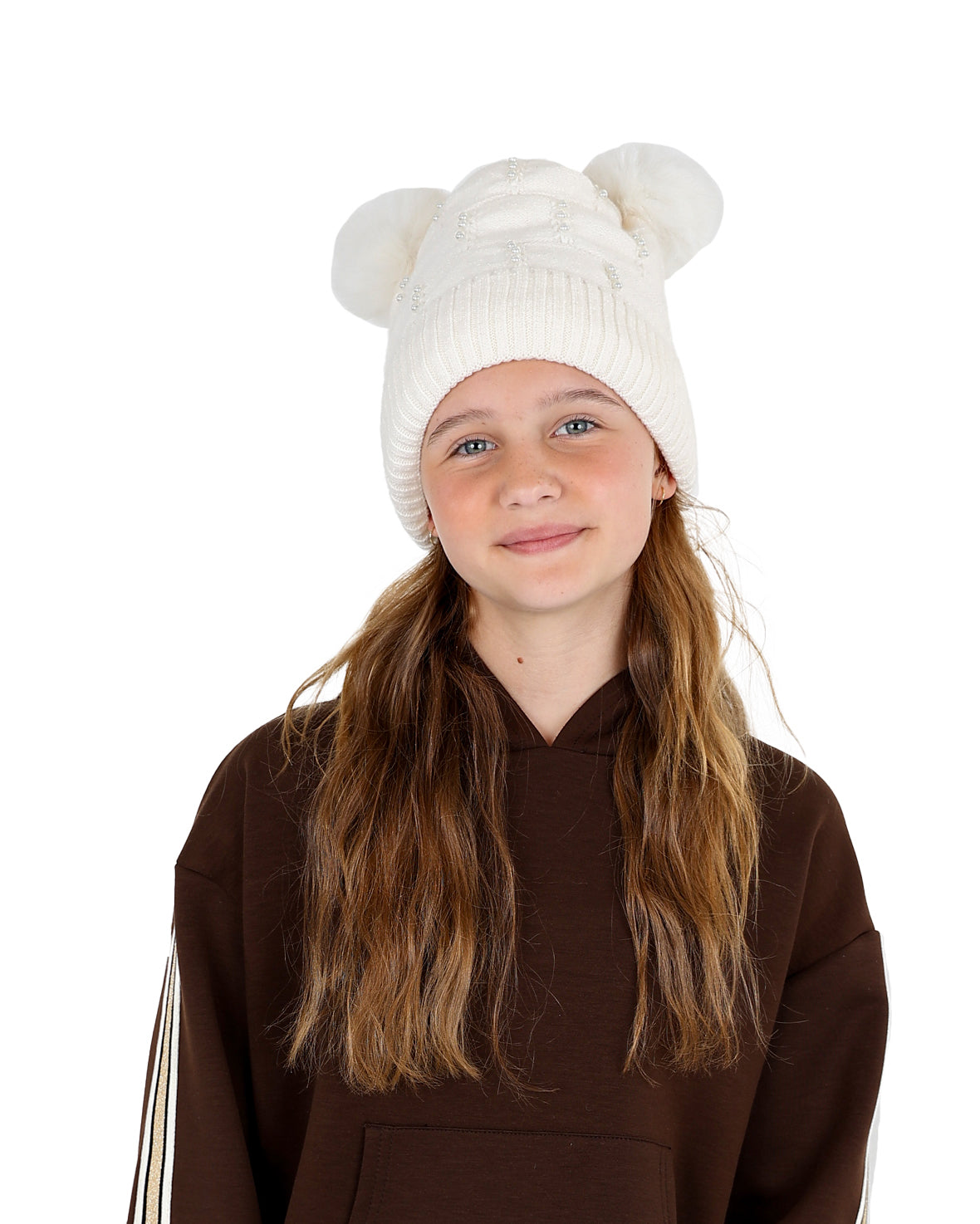 White Cluster Pearl Double Pompom Beanie