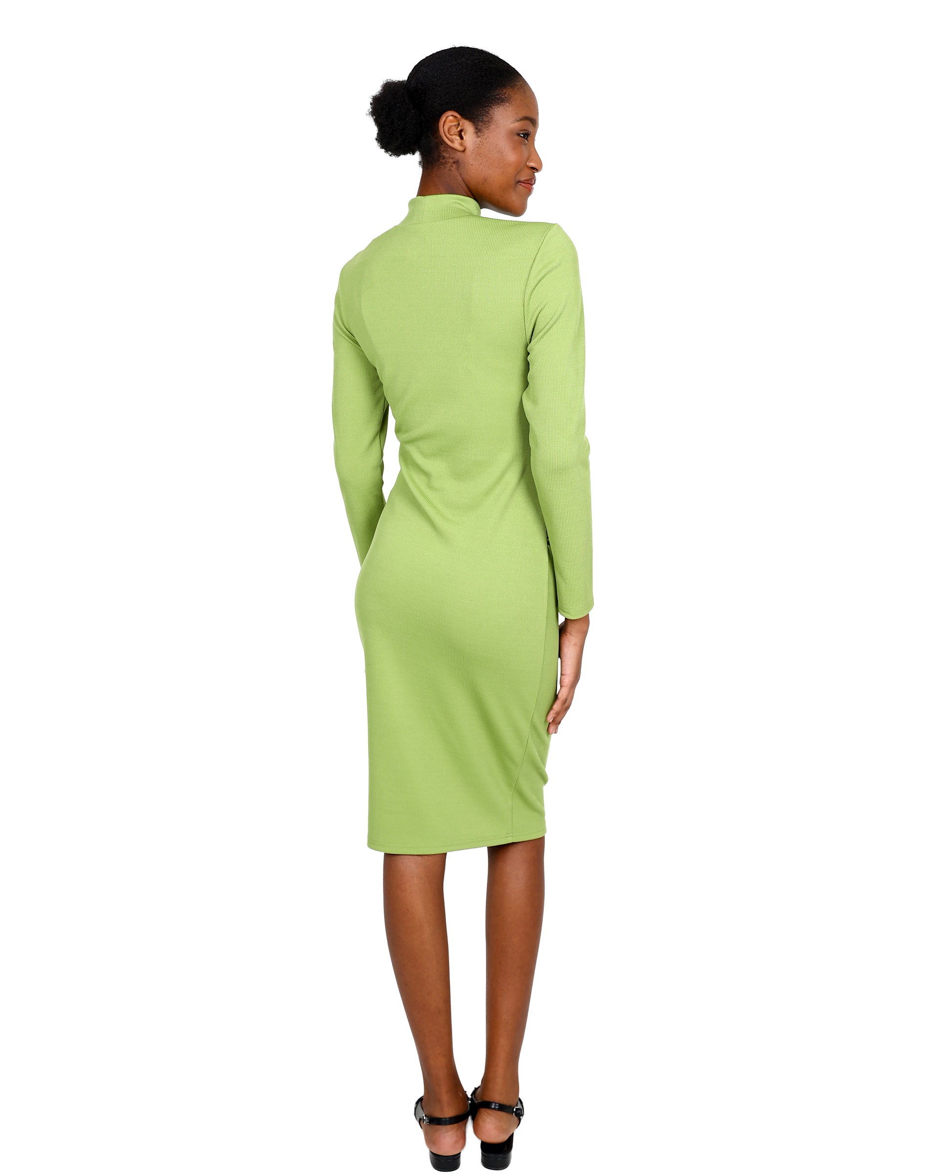 Sage Side Ruched Long Sleeve Ribbed Midi Dress