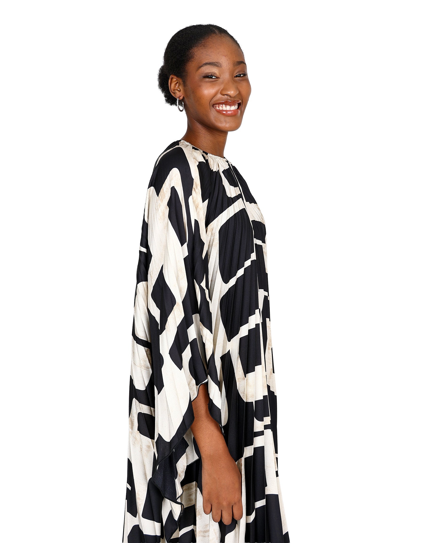Monochrome Print Pleated Satin Kaftan Dress