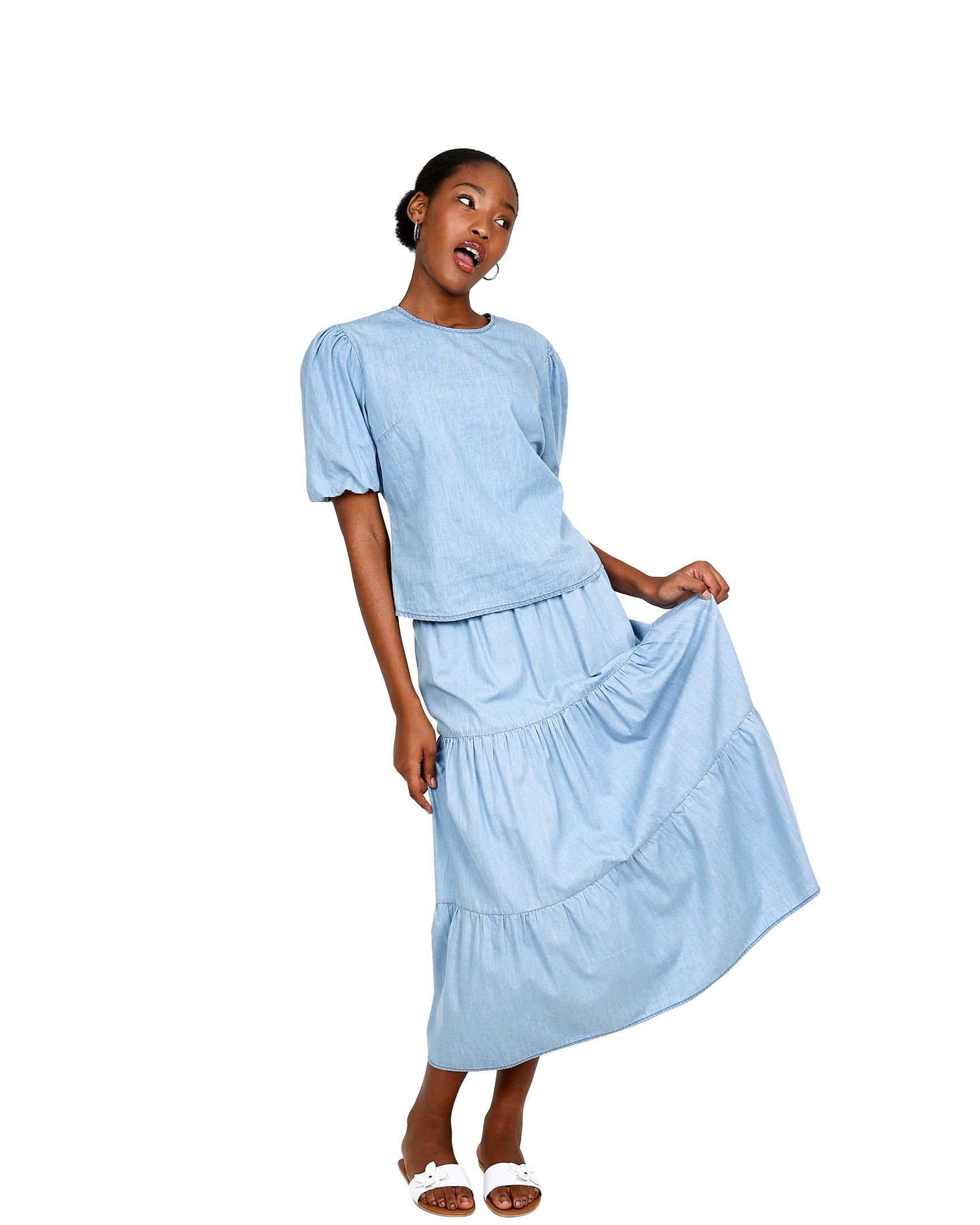 Denim Tiered Maxi Skirt