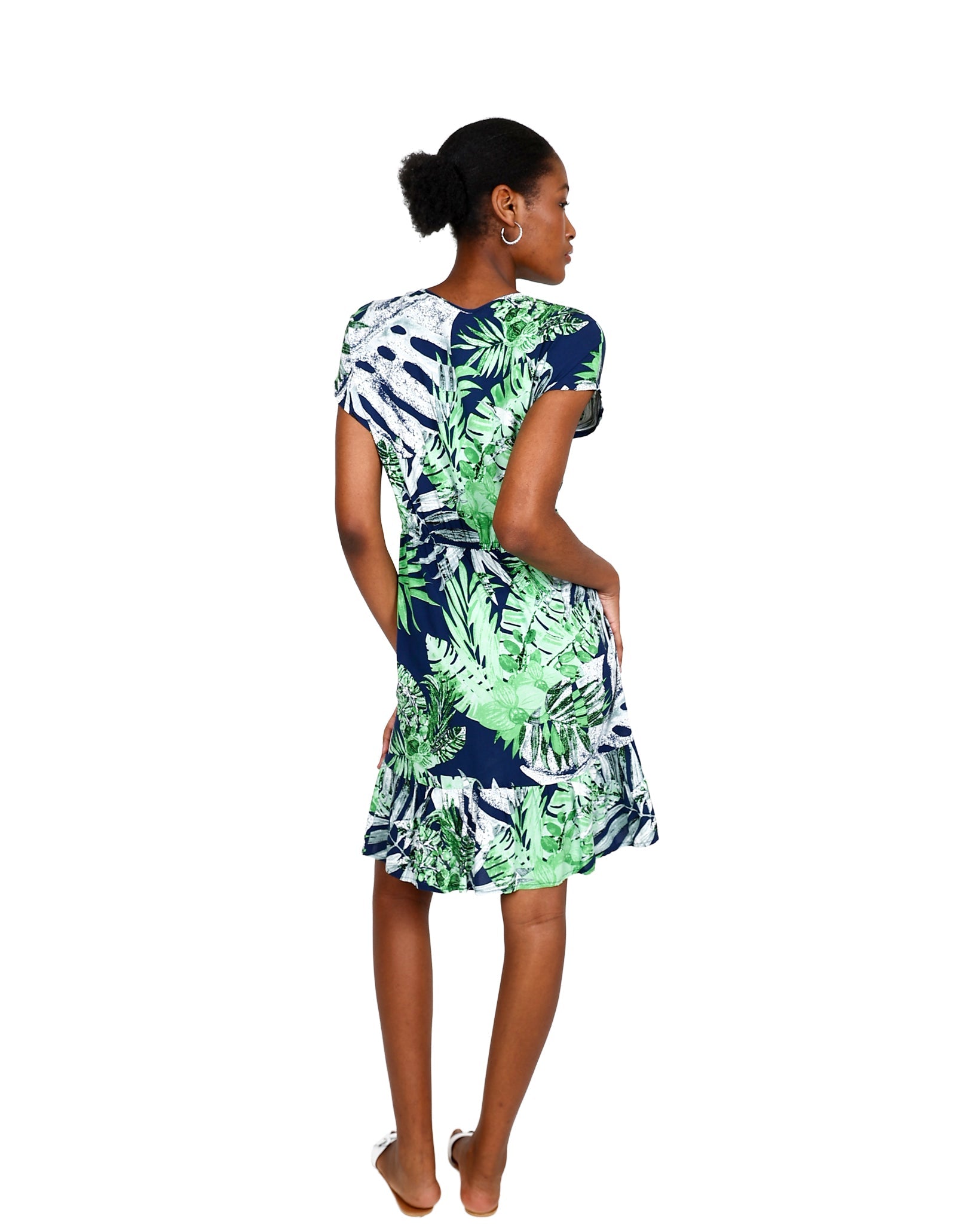 Short Sleeve Leaf Print Elastic Waist Dress